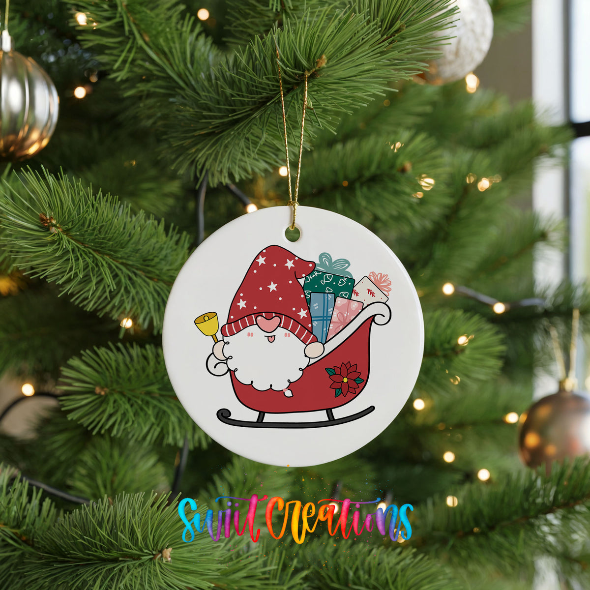 A Christmas tree decorated with ornaments, including a gnome ornament hanging from the tree.