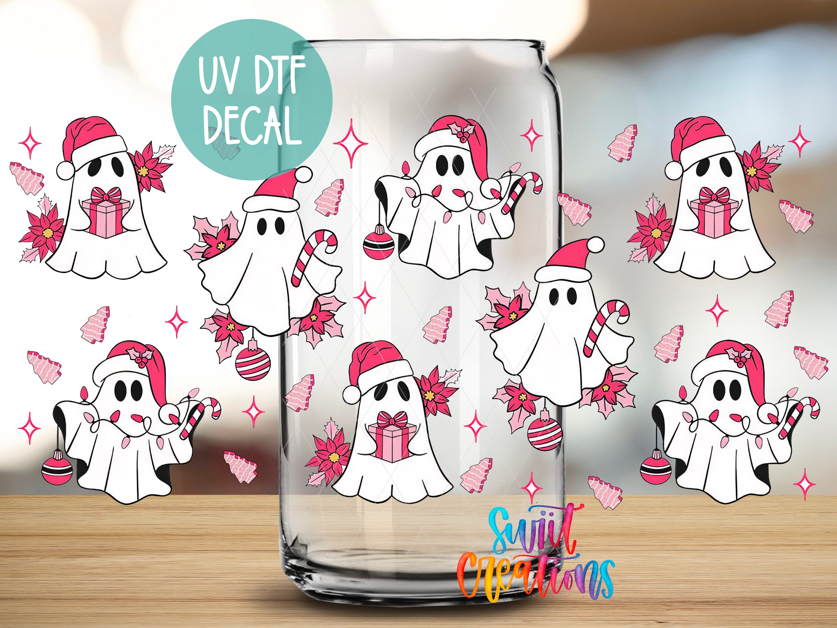 a glass jar with various cartoon-style ghost characters wearing Santa hats and holding presents, surrounded by pink and red decorations such as flowers and stars.