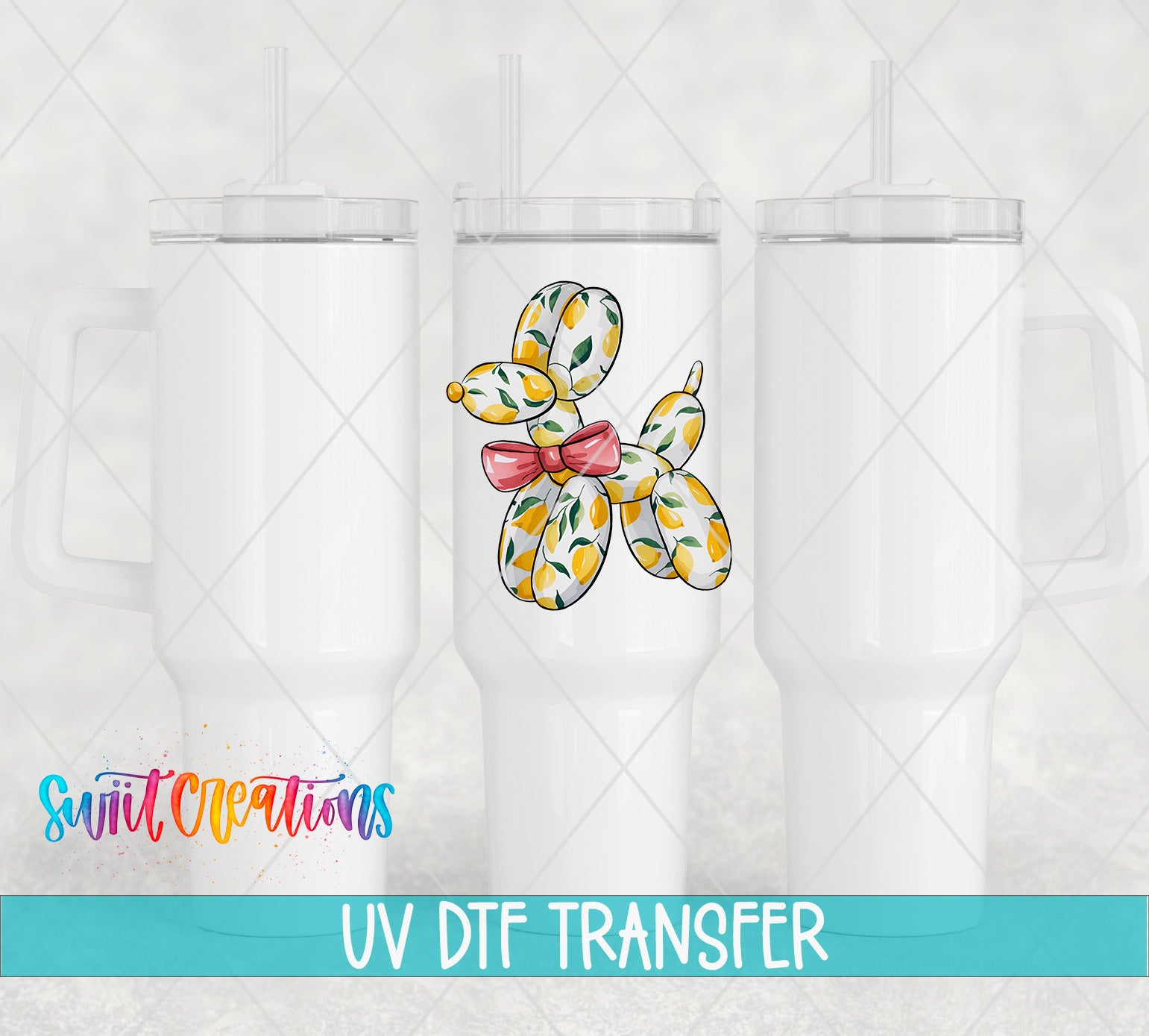 three white tumblers with a colorful balloon dog design on the front.