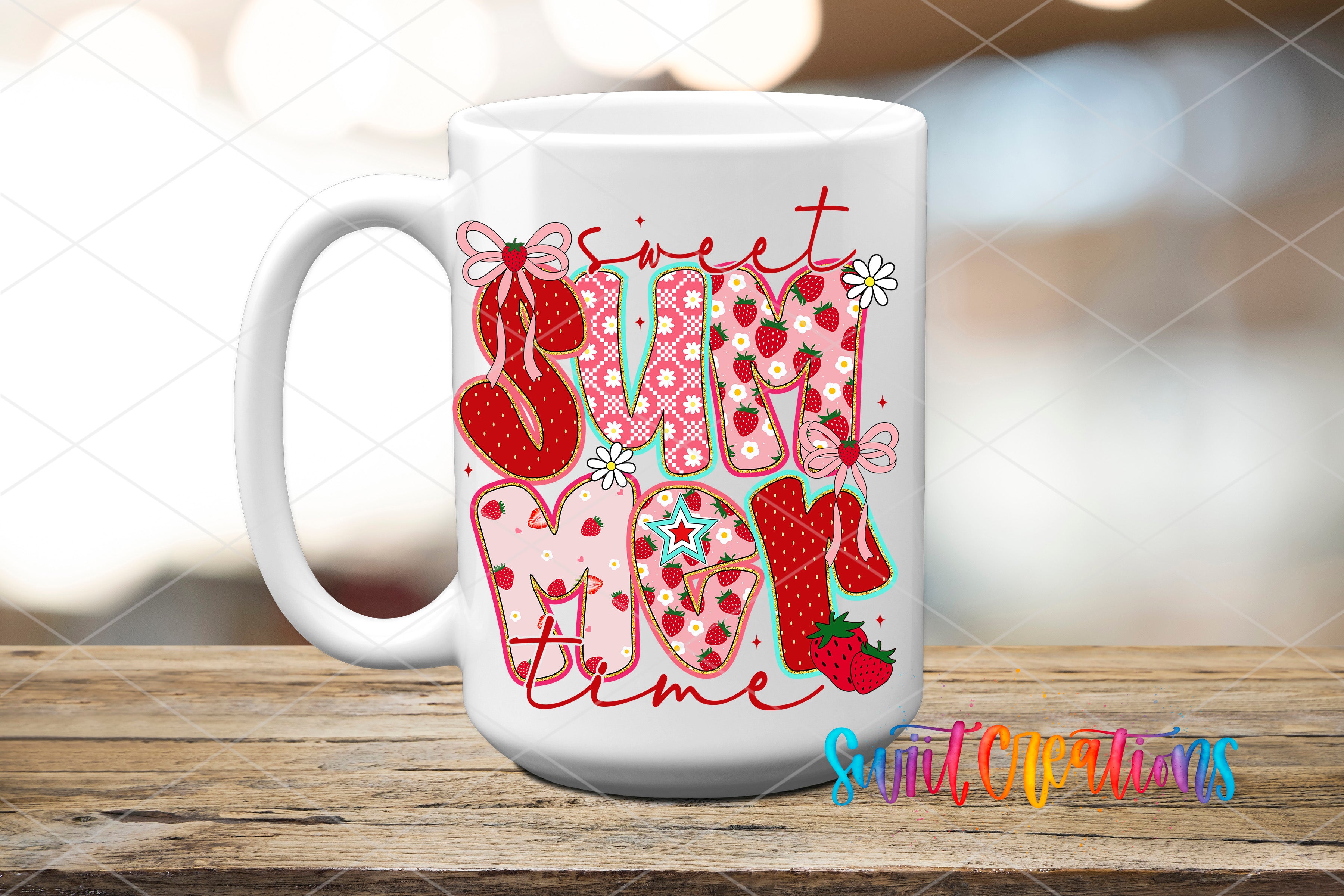 A white mug with a colorful design featuring the text "Sweet Summer Time" and various summer-themed elements such as flowers, strawberries, and a sun.