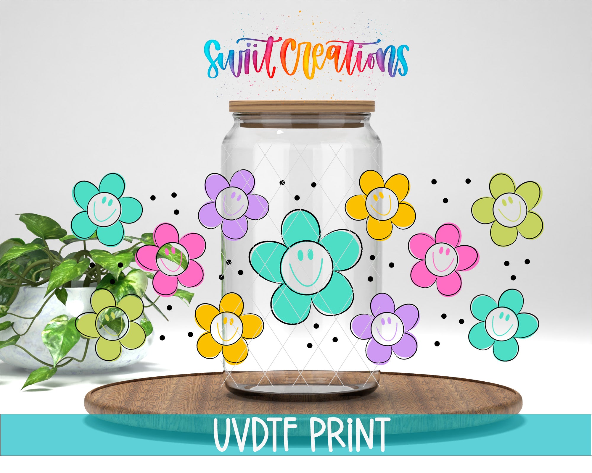 a clear glass jar with a lid, surrounded by colorful flower illustrations. The jar is placed on a wooden surface, and there is a potted plant in the background. The text "Swift Creations" is written above the jar, and "UVDF PRINT" is written below it.