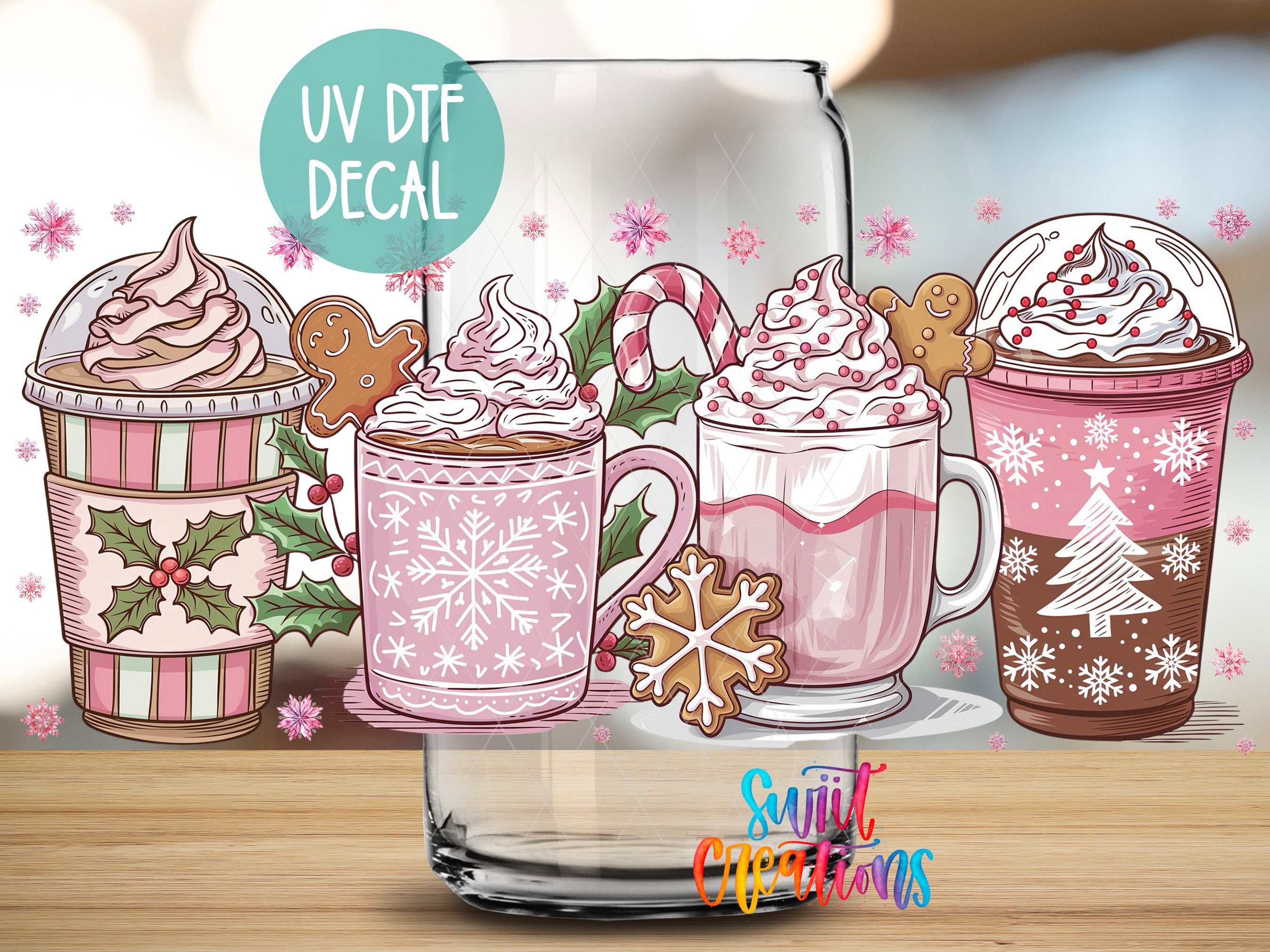 a collection of colorful and whimsical illustrations of hot beverages, including mugs and cups, adorned with snowflakes, gingerbread men, and other festive decorations.