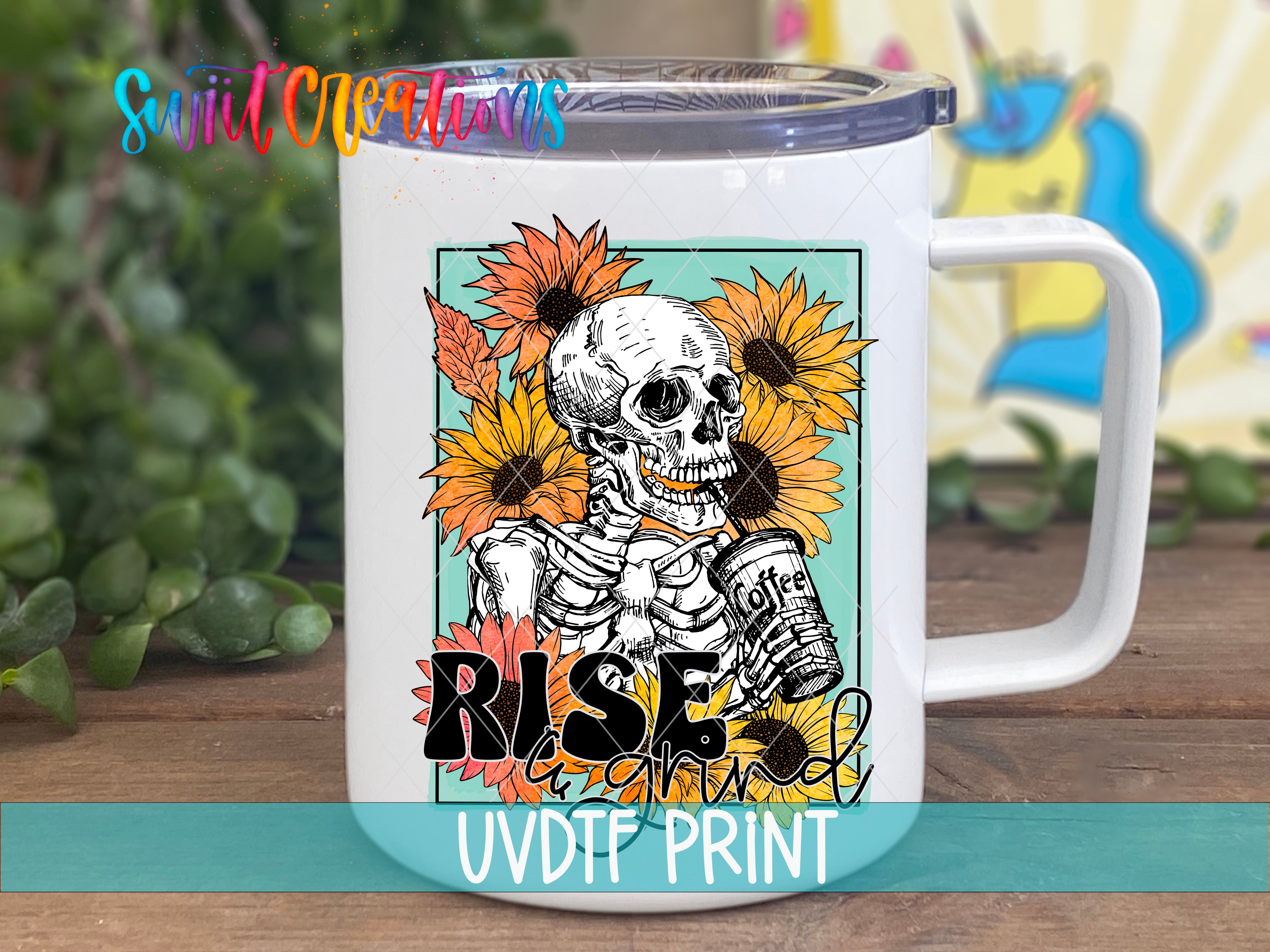 A white mug with a colorful design featuring a skeleton holding a coffee cup surrounded by sunflowers.