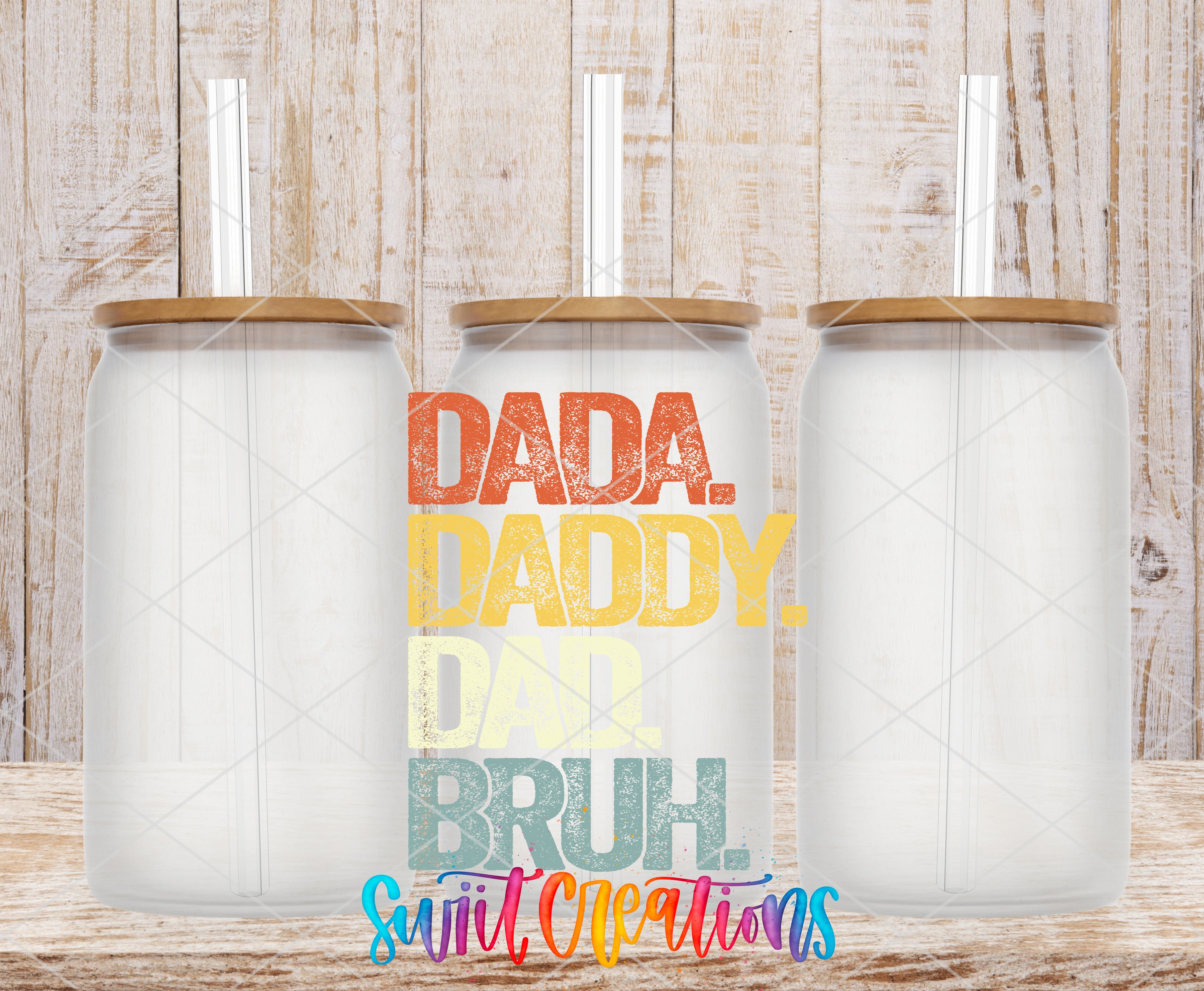 three clear glass jars with wooden lids, arranged in a row against a wooden background. The jars have straws attached to their lids.