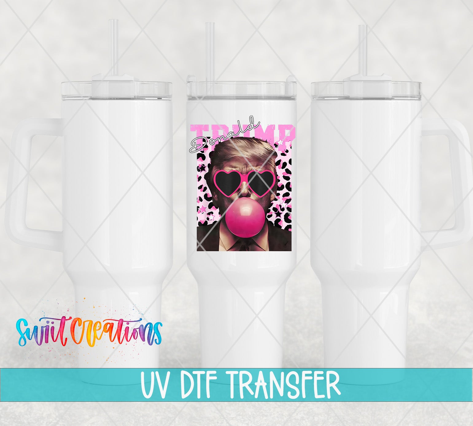 three white tumblers with a pink and black leopard print design and a person blowing a bubble with a bubble gum bubble.