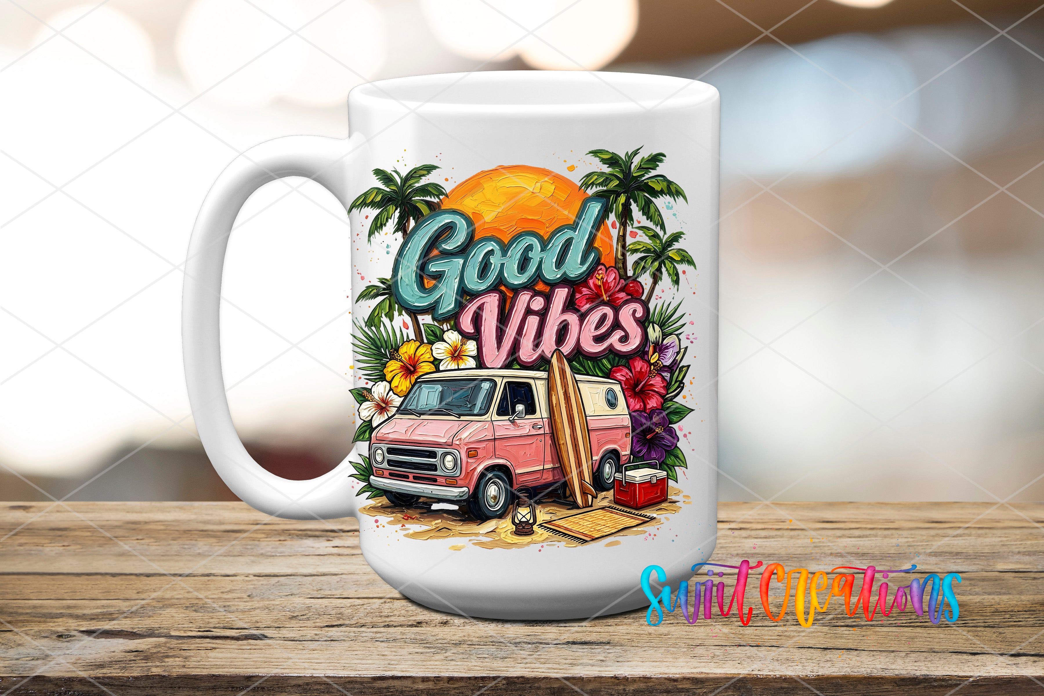 A white ceramic mug with a vibrant graphic design featuring a pink van, palm trees, flowers, and a surfboard, along with the text "Good Vibes" and "Surf Creations".