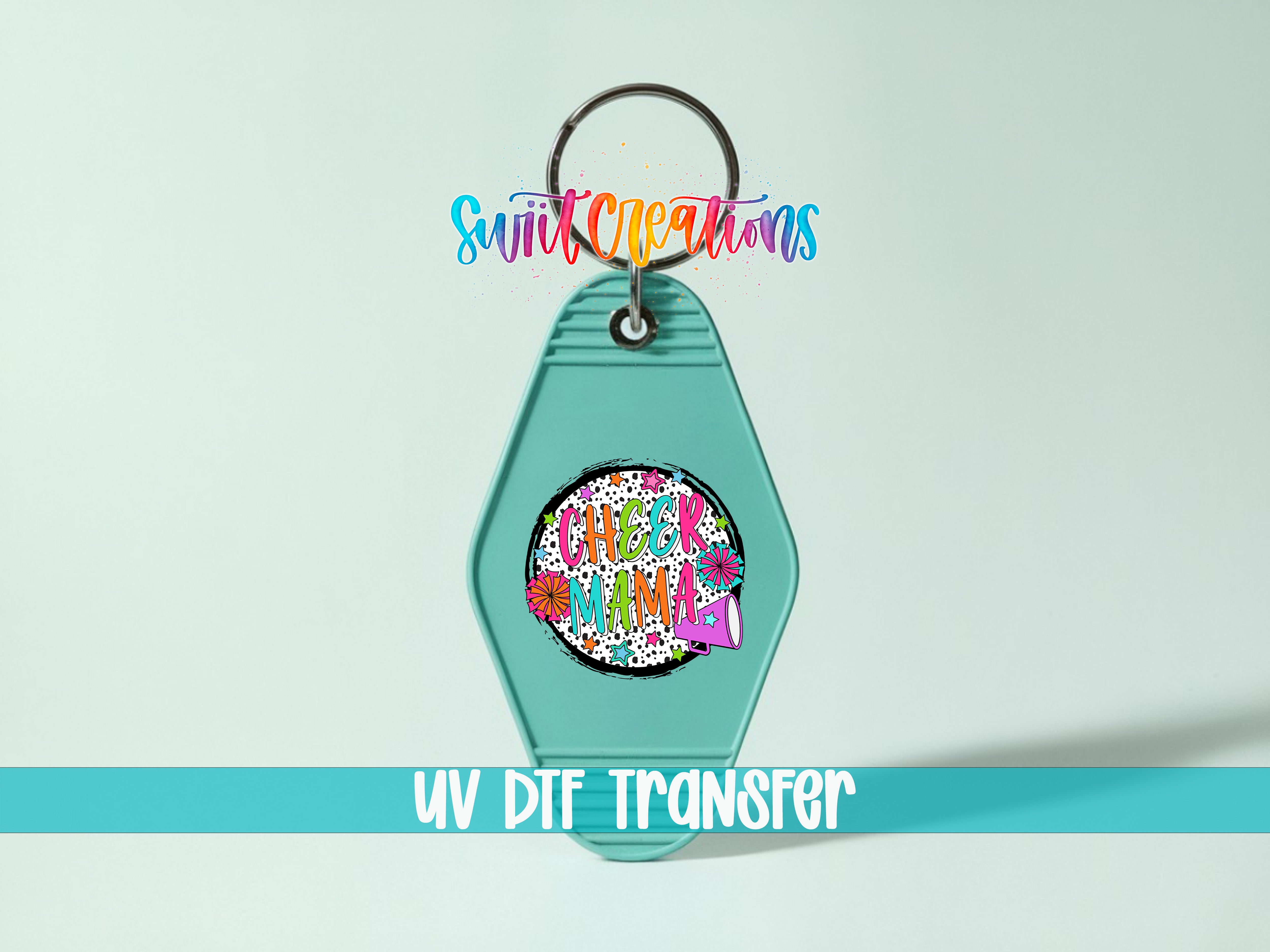 A keychain with a colorful, abstract design and the text "SWIT CREATIONS" printed on it.