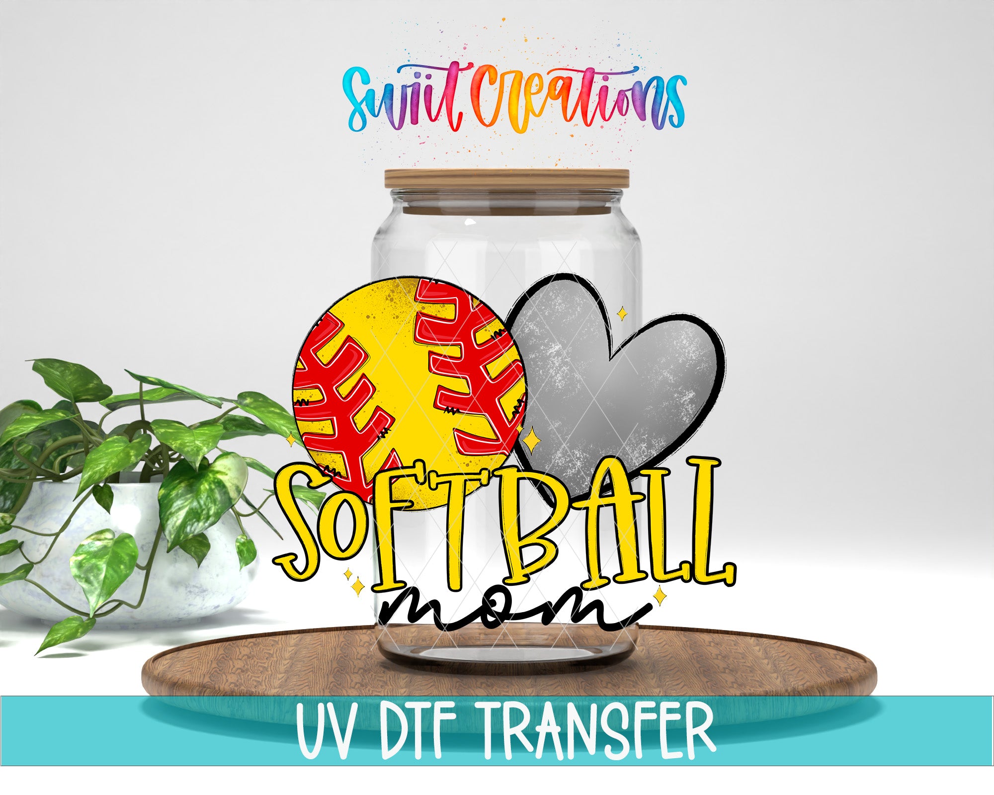 a glass jar with a softball and a heart inside, along with the text "SOFTBALL mom" and "Swift Creations" written above it.