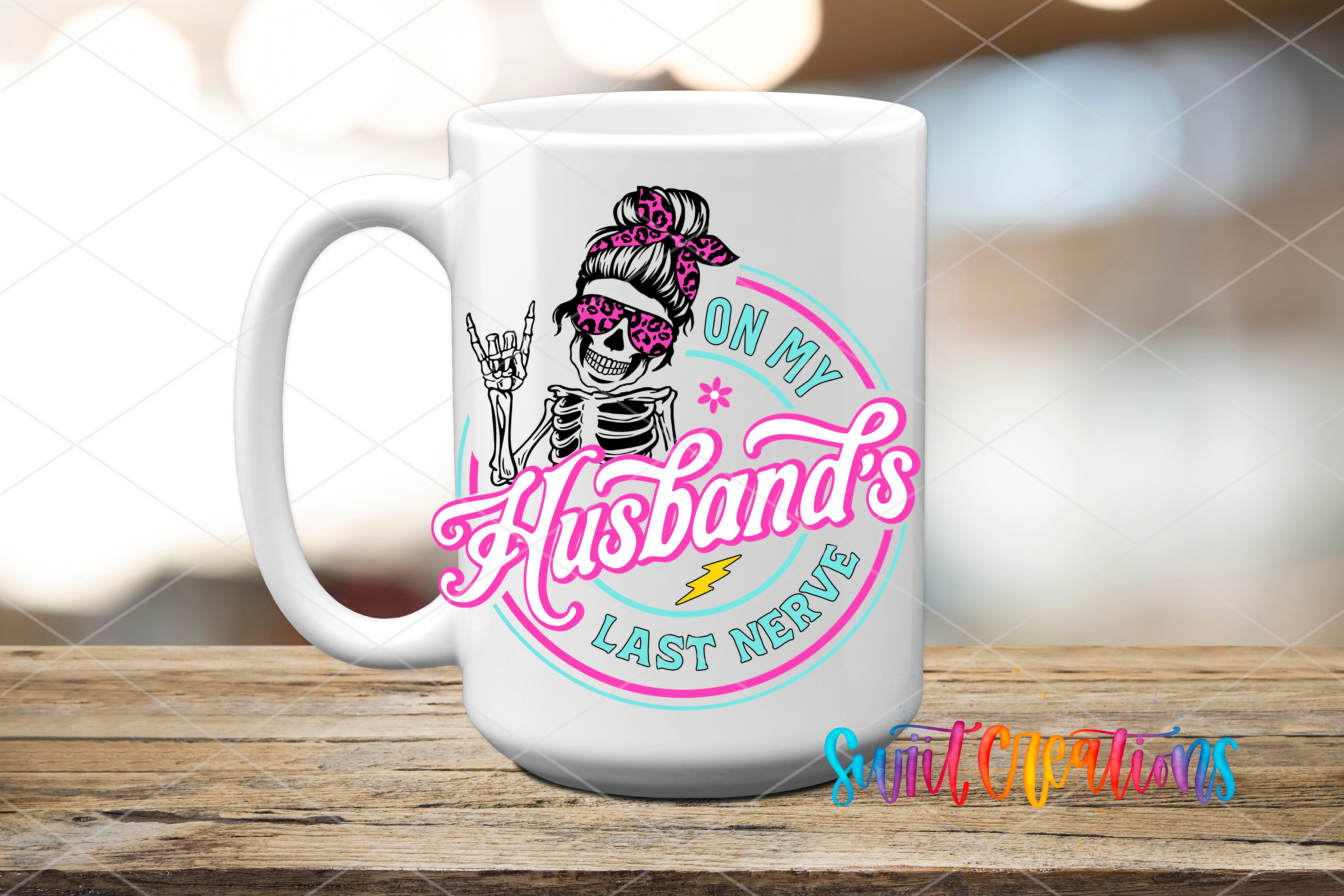 A white ceramic mug with a graphic design featuring a skeleton wearing sunglasses and the text "On My Husband's Last Nerve" printed on it.