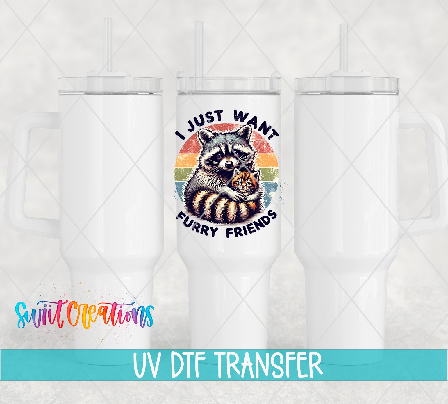 a white ceramic mug with a colorful graphic design depicting a raccoon and the text "I JUST WANT FURRY FRIENDS" printed on it.