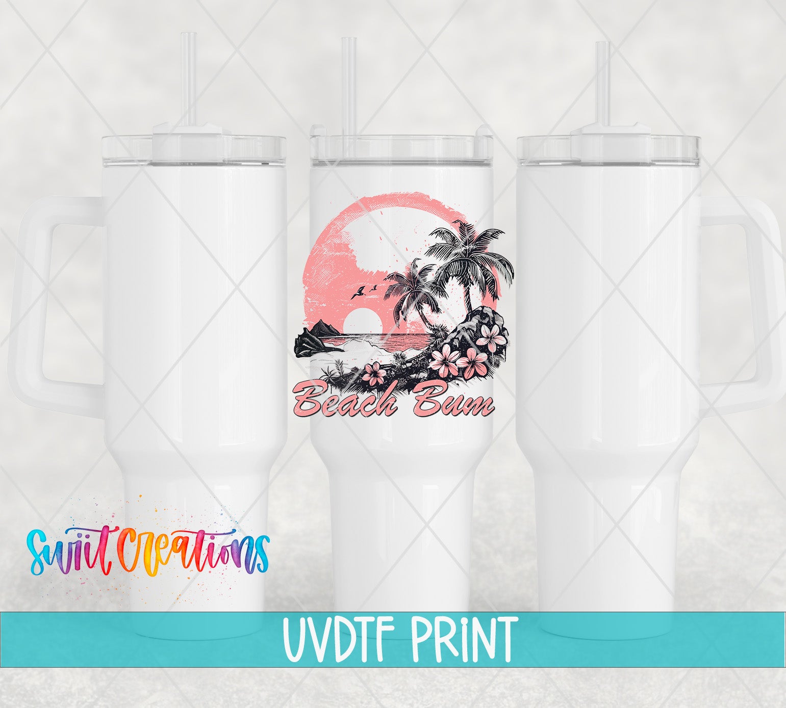 three white tumblers with a printed design of a beach scene, including palm trees and a sunset.