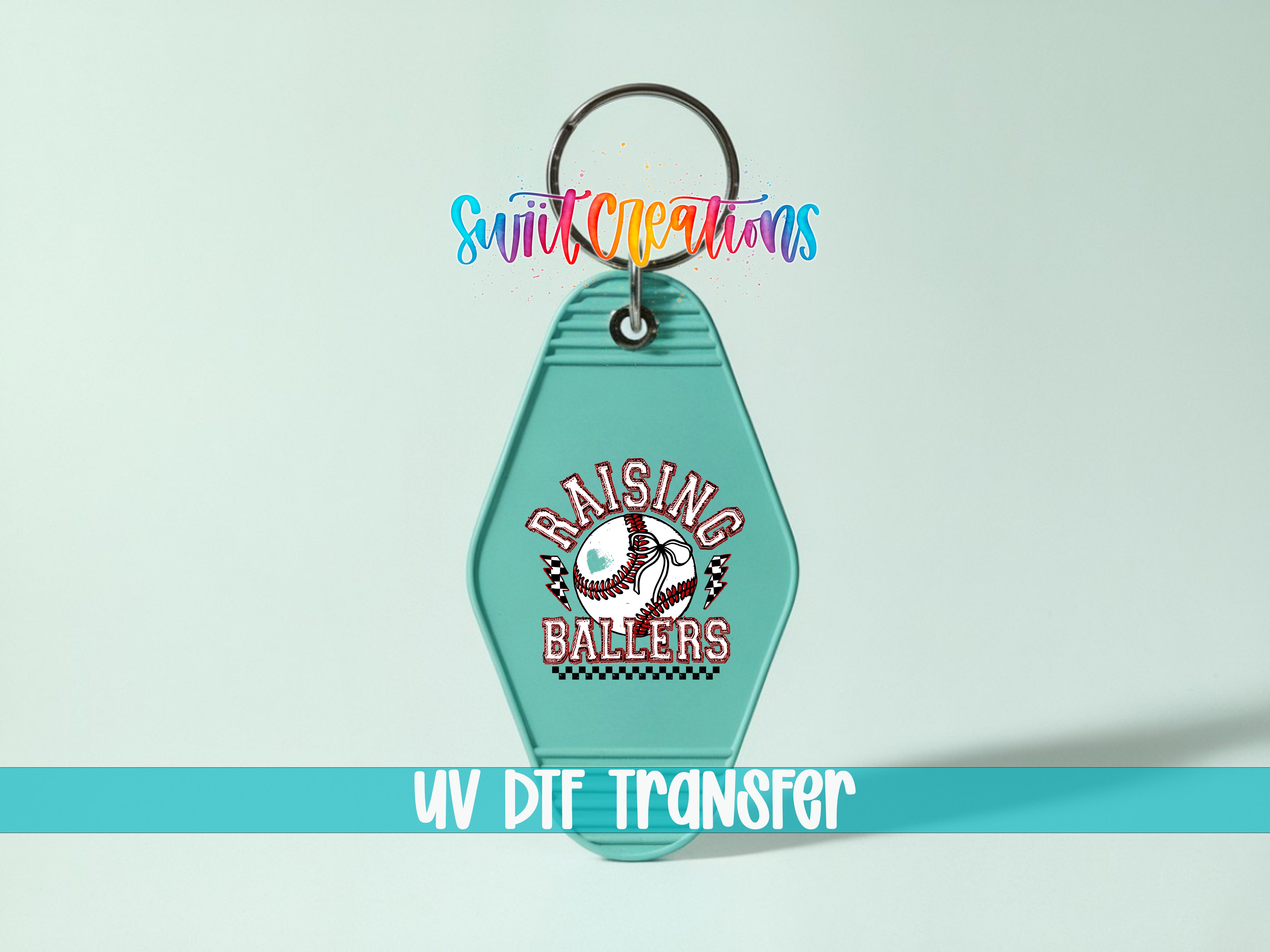 A keychain with a baseball-themed design and text, along with a UV dye transfer logo.