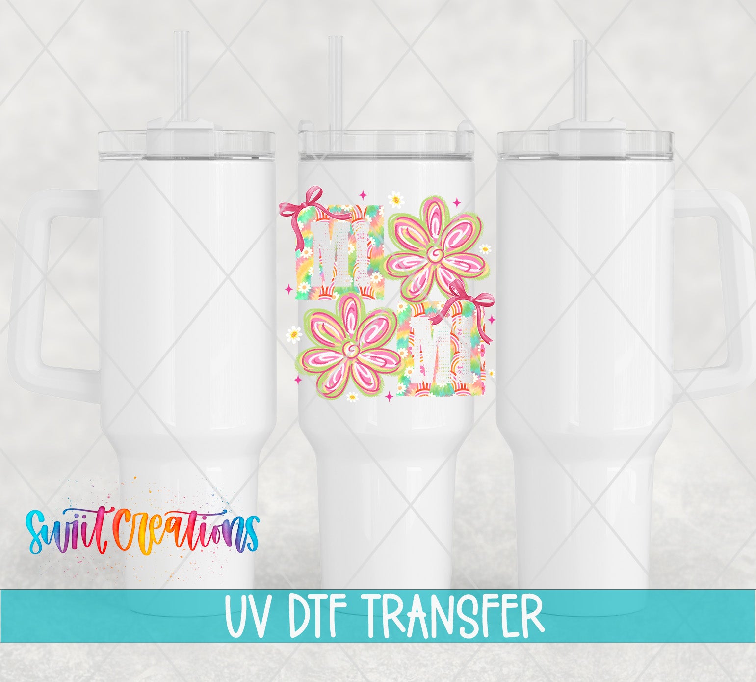 three white tumblers with flower designs on them, and there is text at the bottom of the image that says "UV DFT TRANSFER".