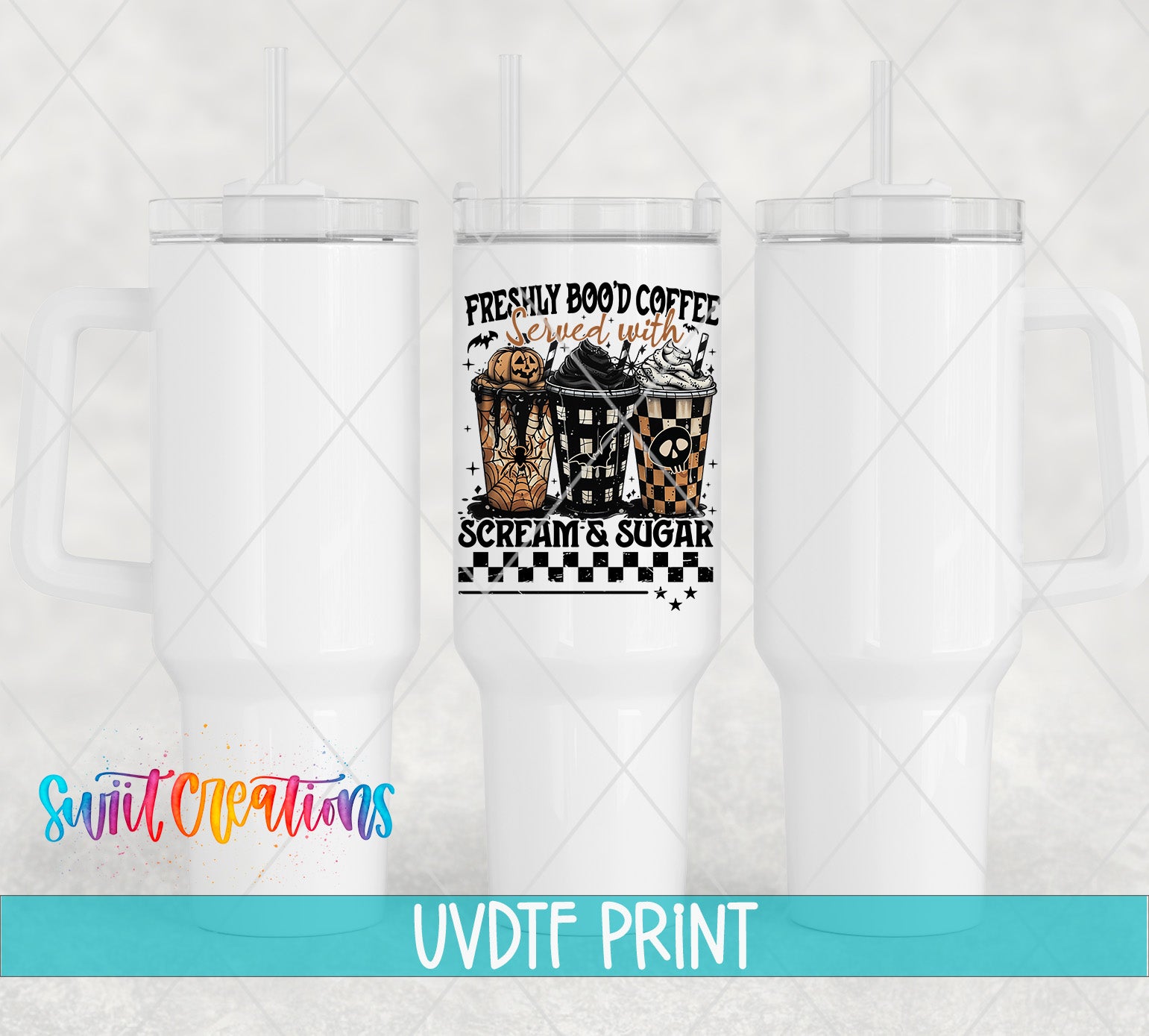 a white cup with a printed design on it, along with three other white cups. The printed design includes text and illustrations related to coffee and sugar.