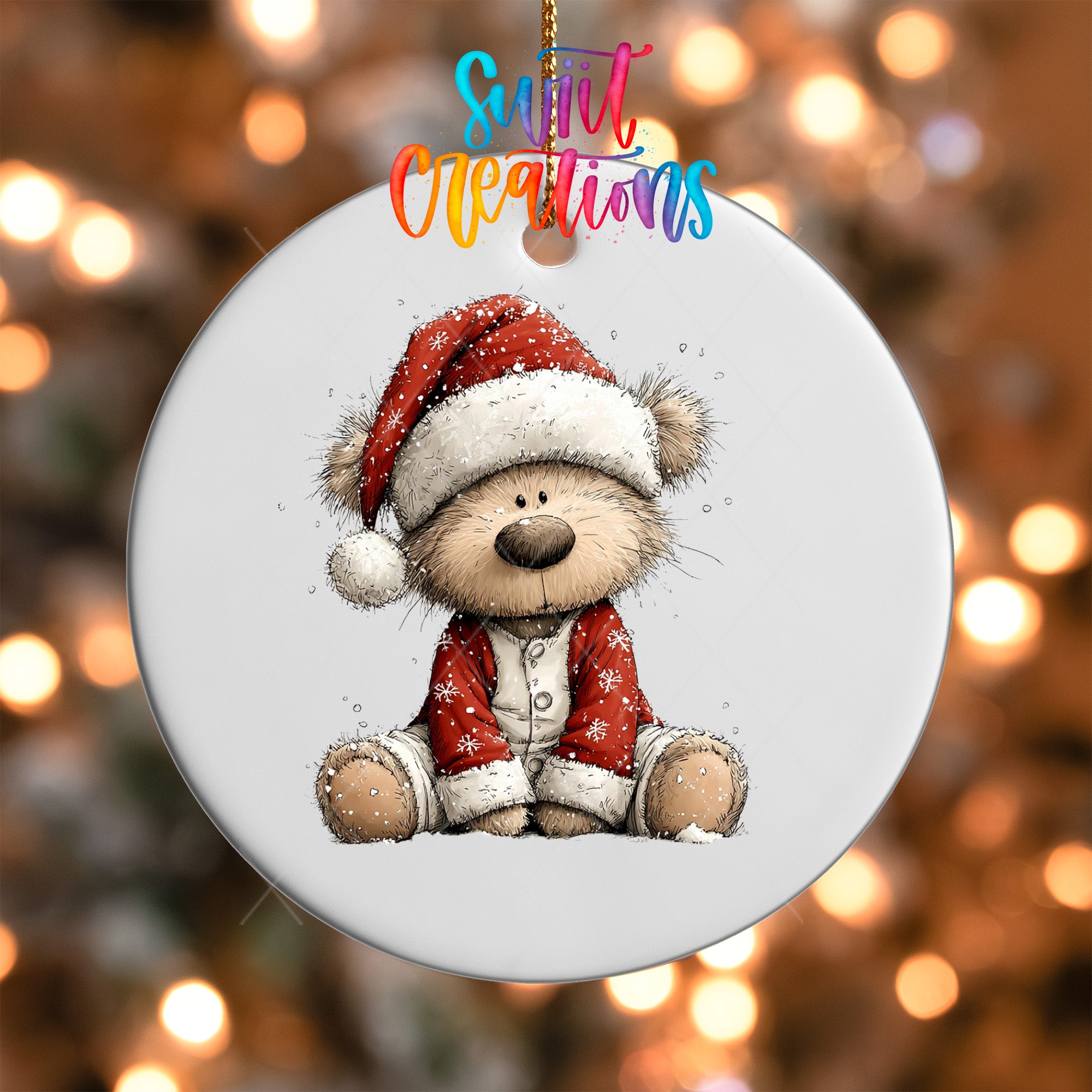 A white ornament with a teddy bear wearing a Santa hat and red outfit, sitting on a white background.