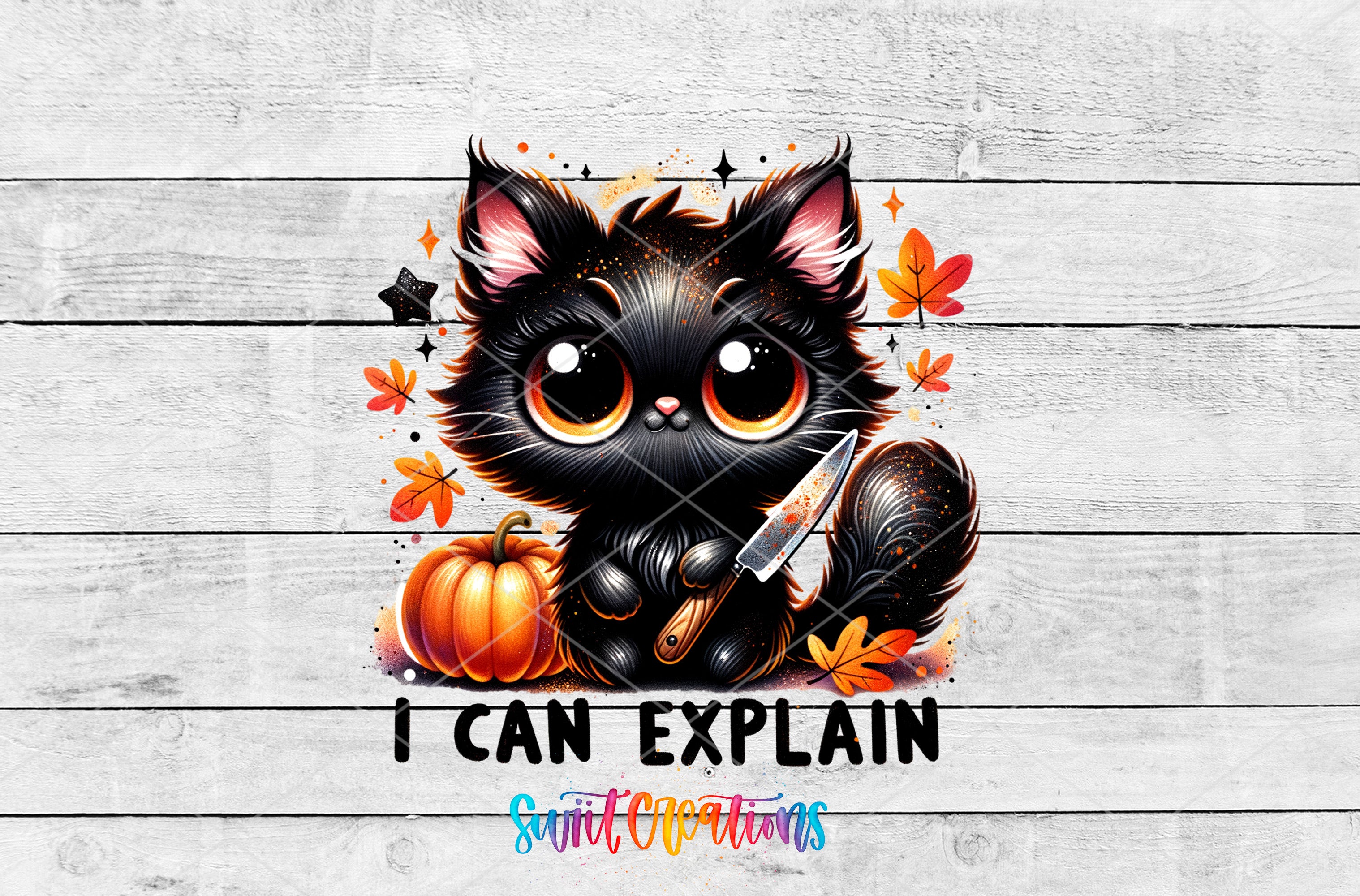 A whimsical illustration of a black cat with large, expressive eyes, holding a pumpkin and surrounded by autumn leaves and stars. The text "I CAN EXPLAIN" is displayed below the cat, and the phrase "Sweet Creations" is written at the bottom.