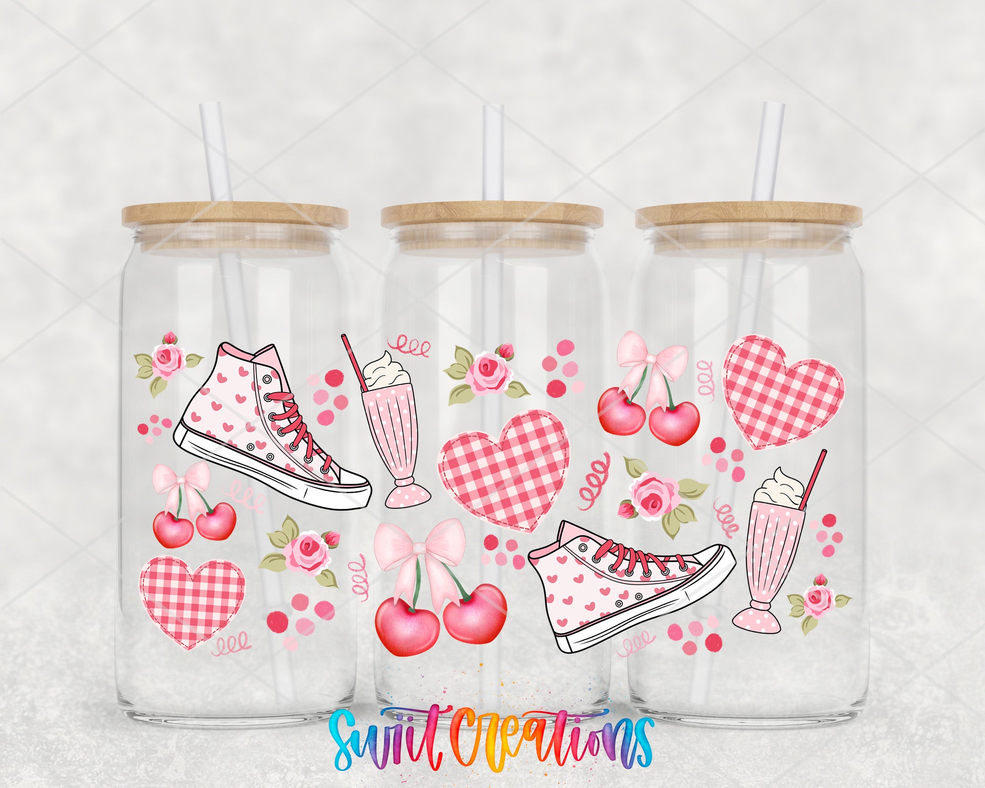 three glass jars with a pink and white checkered pattern and various illustrations, including a high-top sneaker, a heart, a cherry, a milkshake, and a bow.