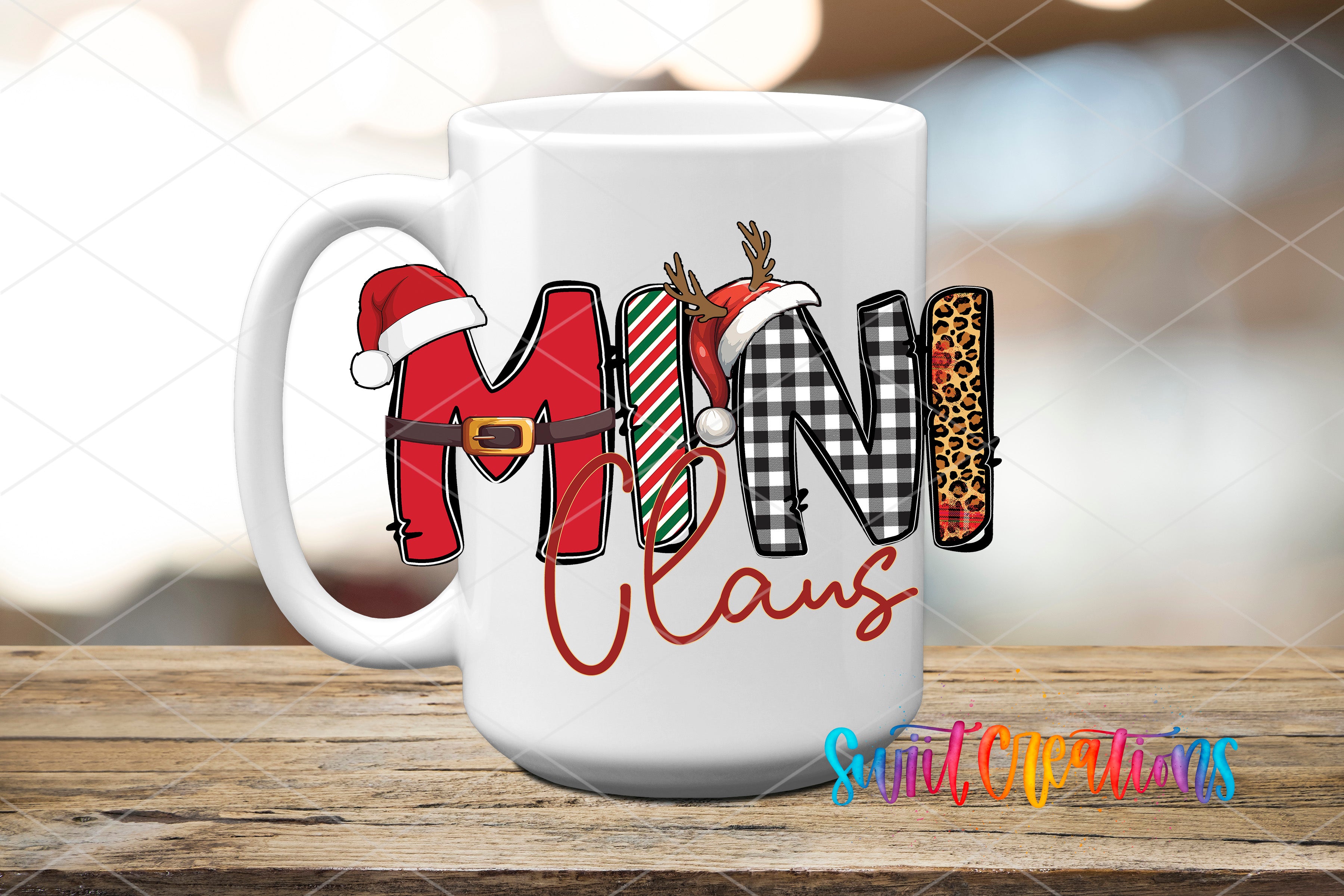 A white mug with the word "MINI CLANS" written on it in a stylized font, along with various holiday-themed elements such as Santa hats and leopard print.