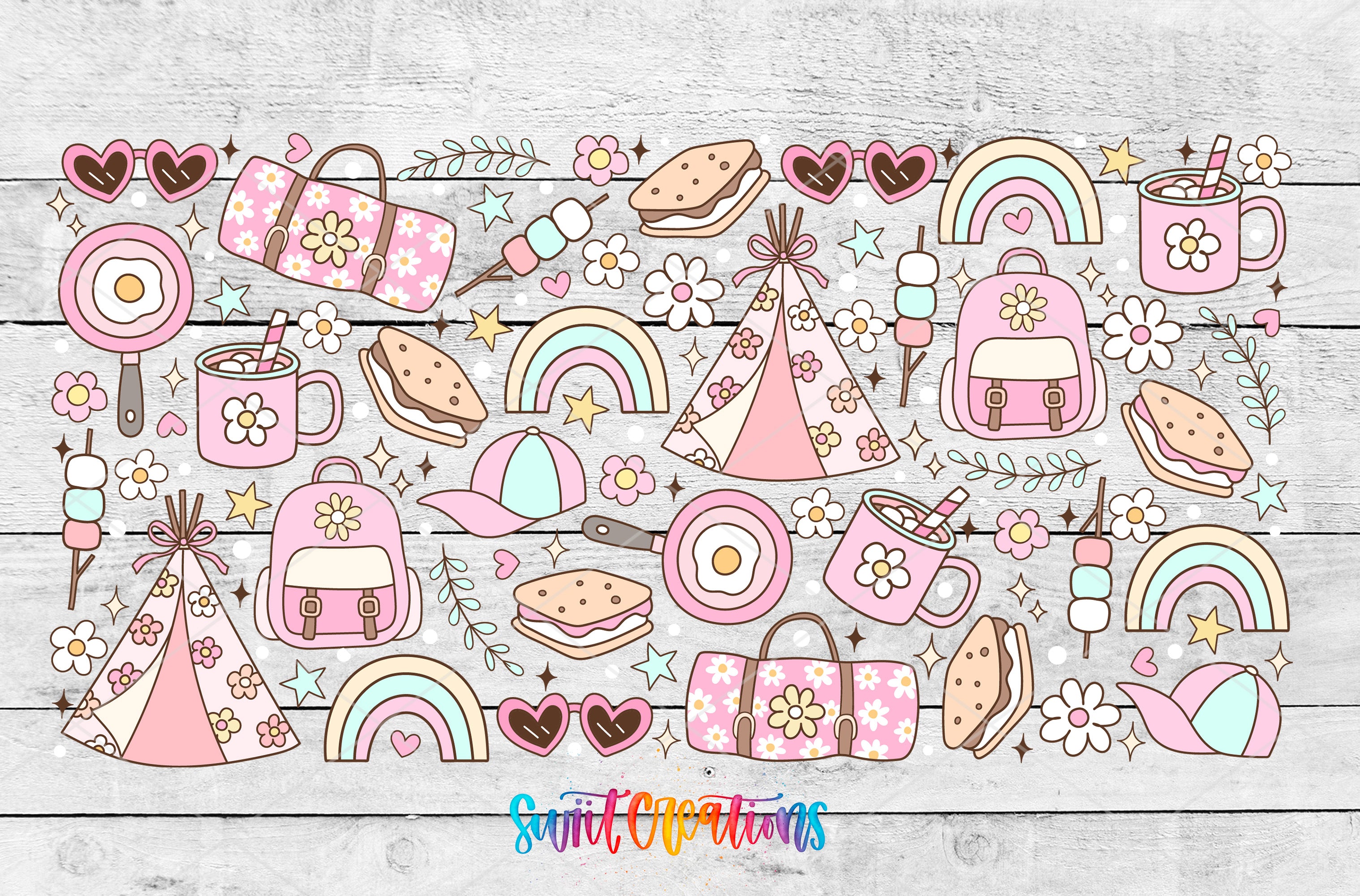 The image is a collage of various colorful and whimsical illustrations, including flowers, hearts, rainbows, and other decorative elements, all set against a wooden background.