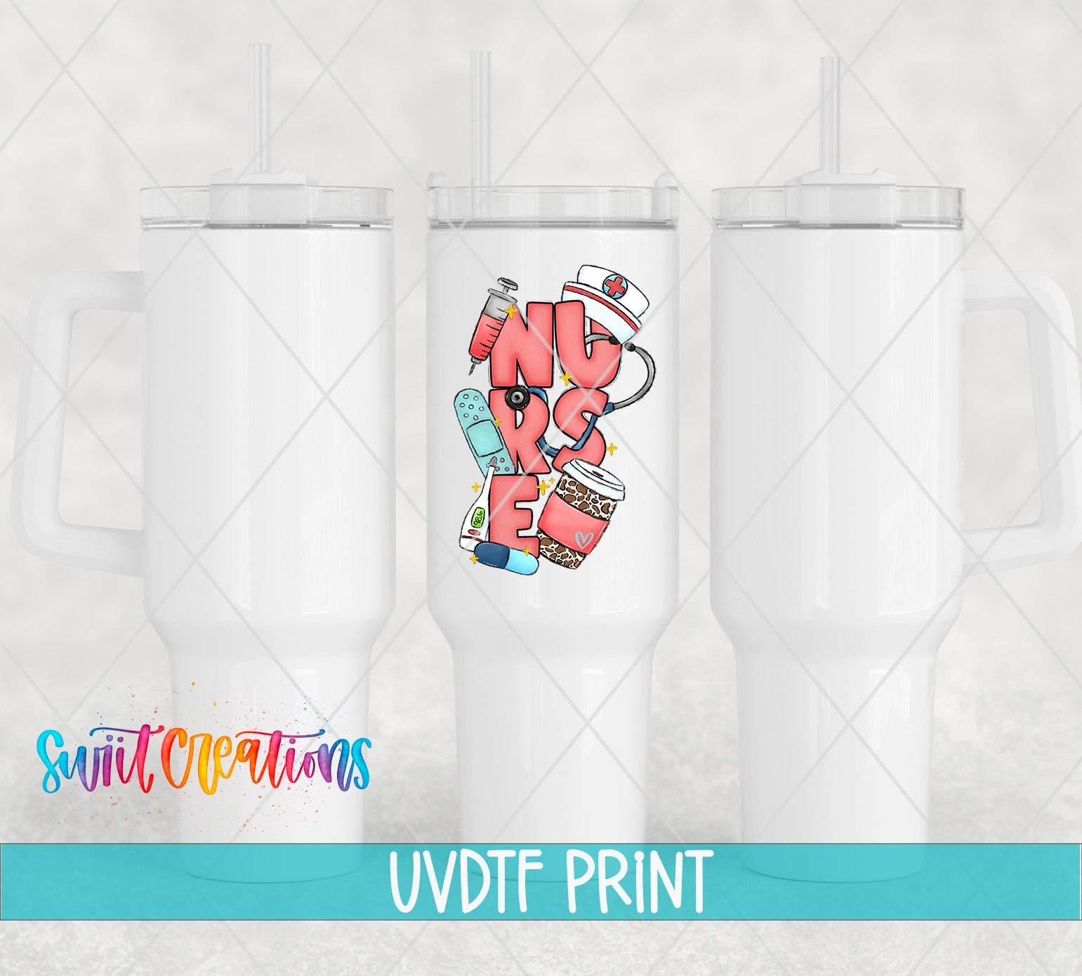 three white tumblers with a colorful design on them, including a nurse's hat and medical equipment.