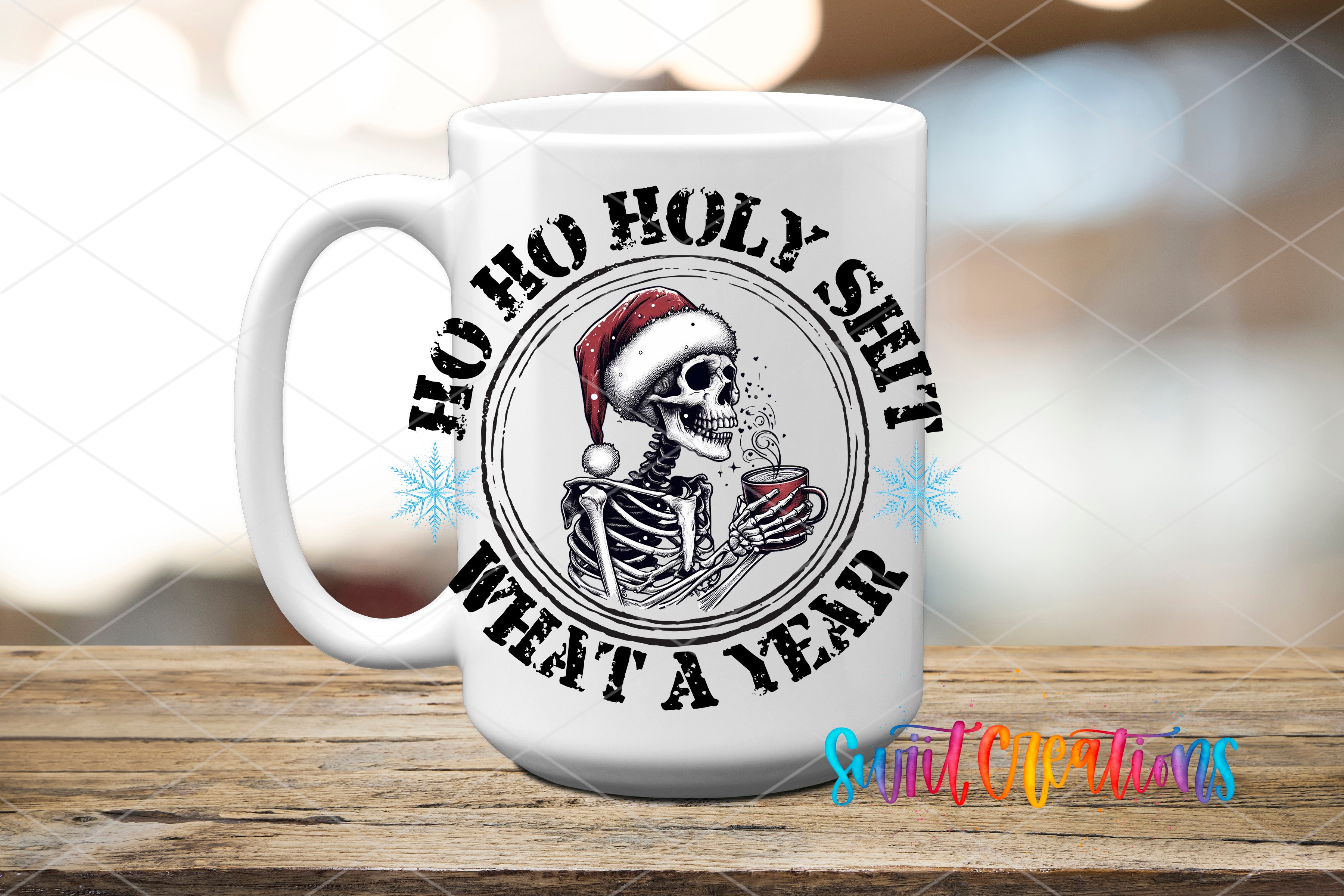 A white ceramic mug with a black and white illustration of a skeleton wearing a Santa hat and holding a cup of coffee. The mug has the text "Hoo ho Holy shit what a year" printed on it.