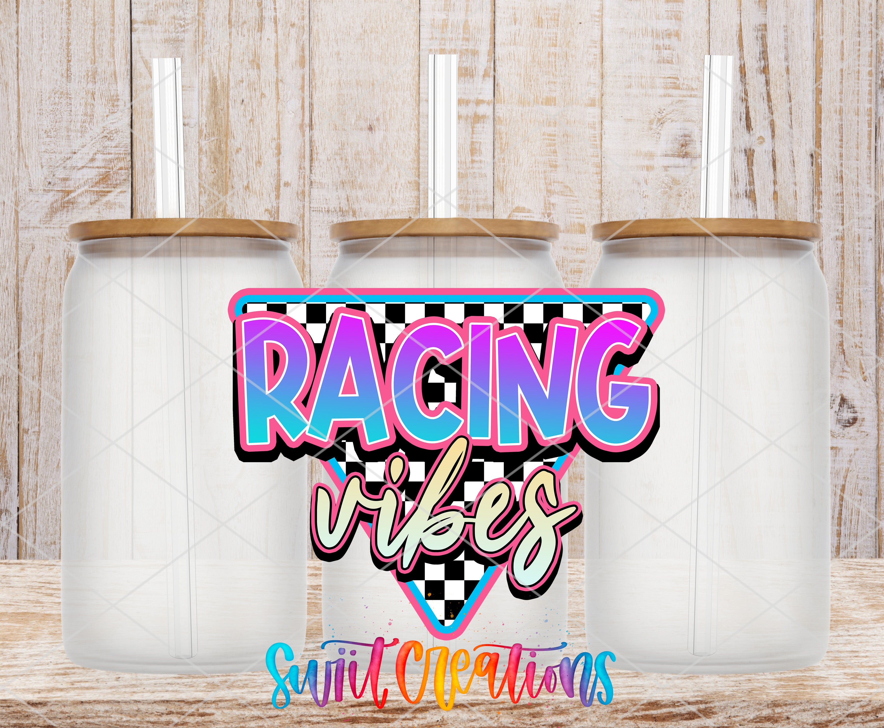 three clear glass jars with lids, arranged in a row against a wooden background. The jars have a checkered pattern on their lids, and the text "RACING vibes" is prominently displayed in the center of the image.