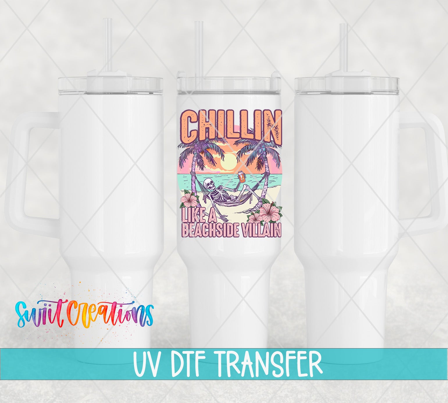 three white tumblers with a colorful design on the center one, which says "Chillin Like A Beachside Villain" in a stylized font.