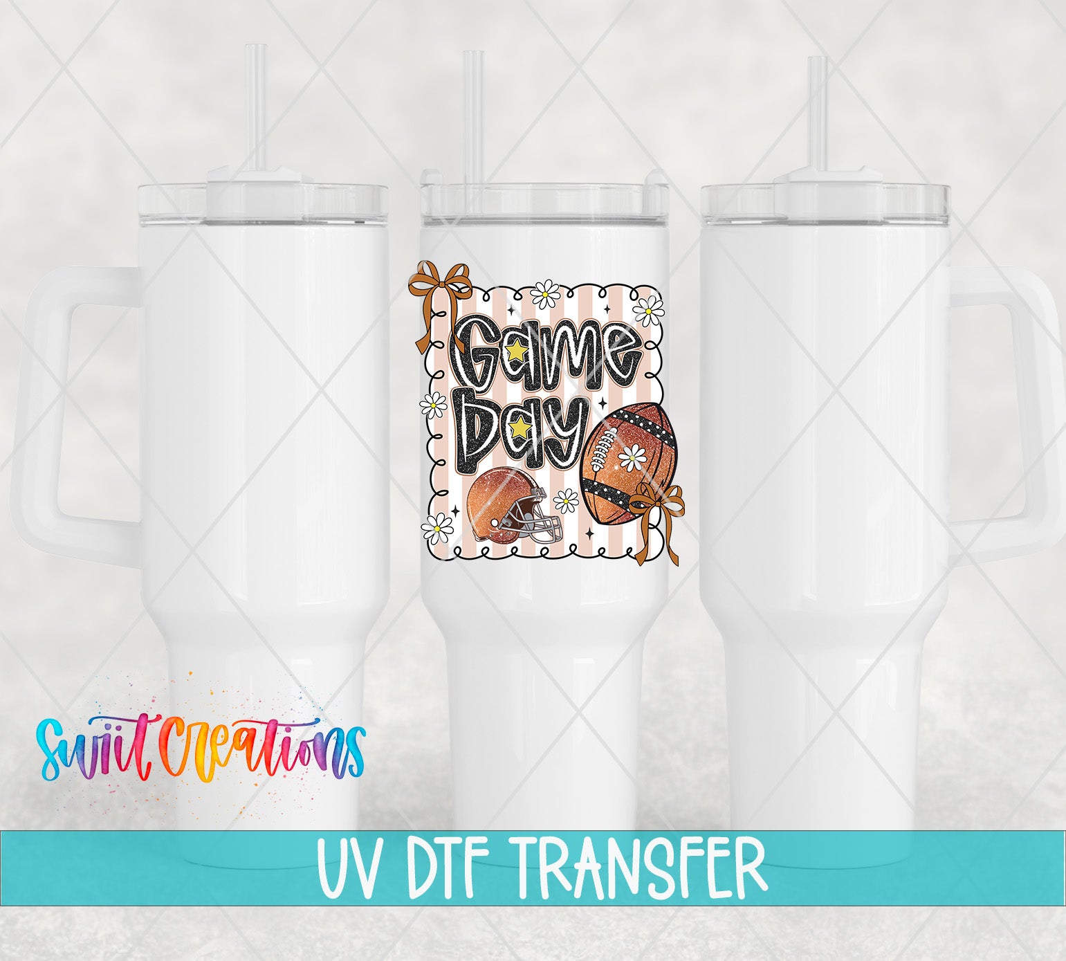three white tumblers with a football graphic and the text "Game Day" printed on them.