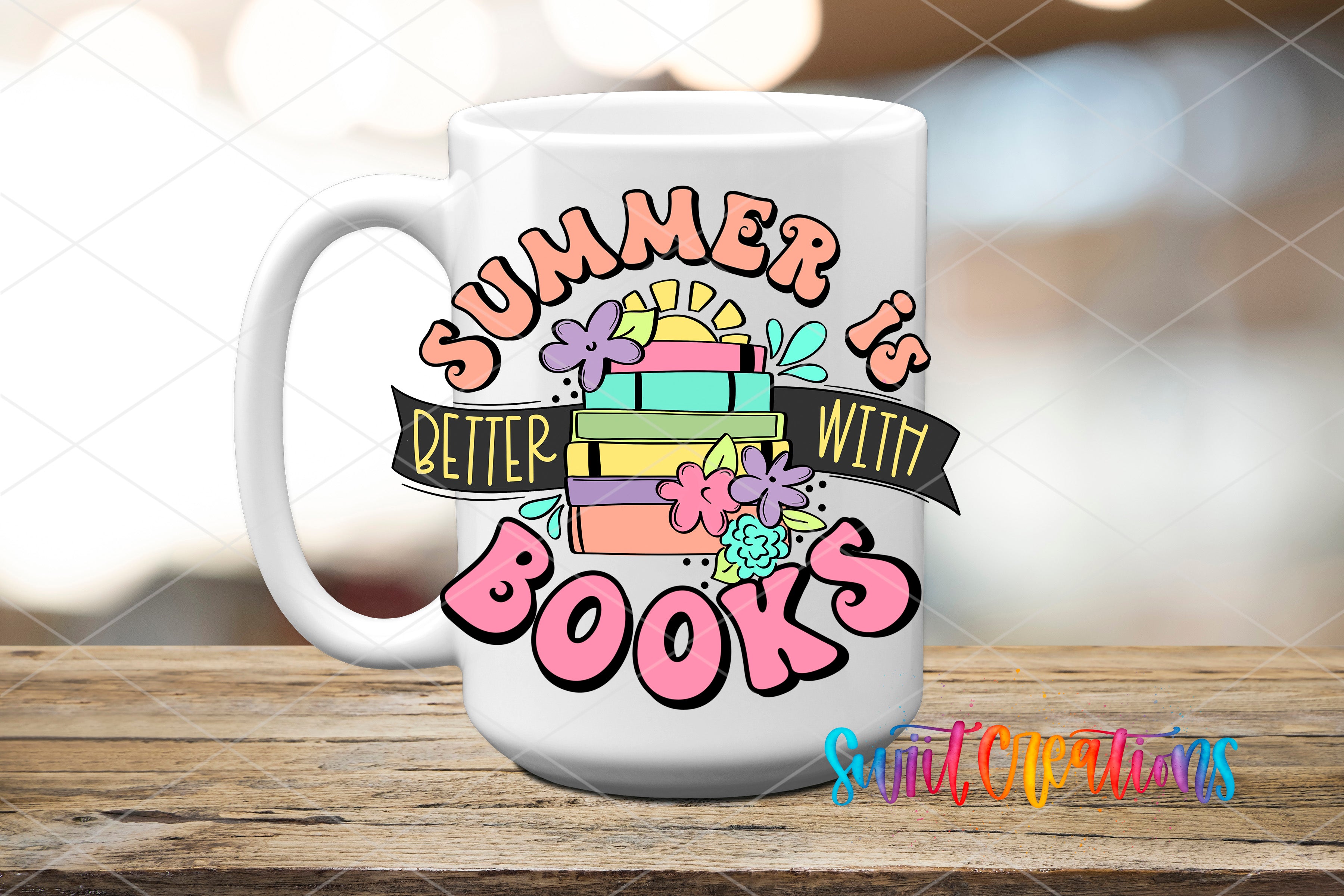 A white mug with a colorful design featuring the text "Summer is better with books" surrounded by various summer-themed elements such as flowers, leaves, and a sun.