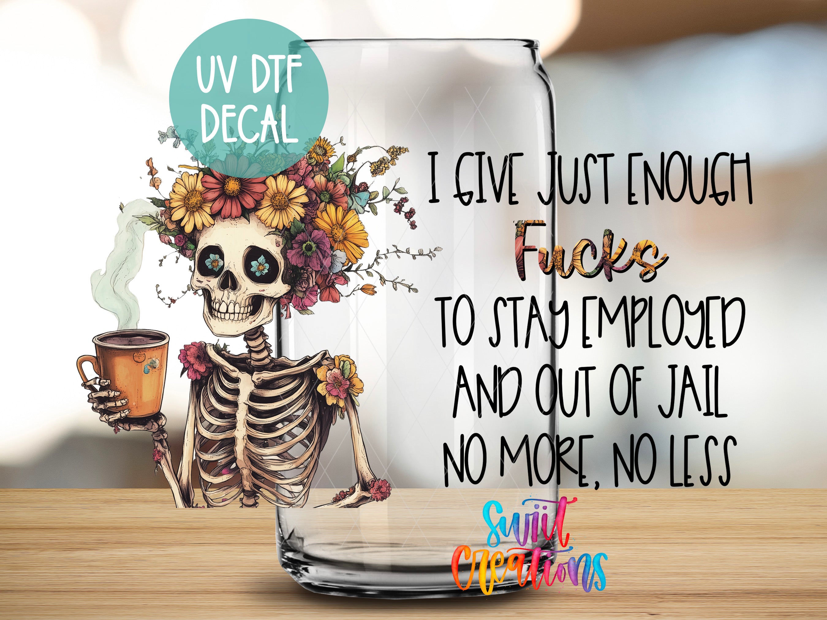 a skeleton holding a cup of coffee and a floral headpiece, with text overlaying the image.