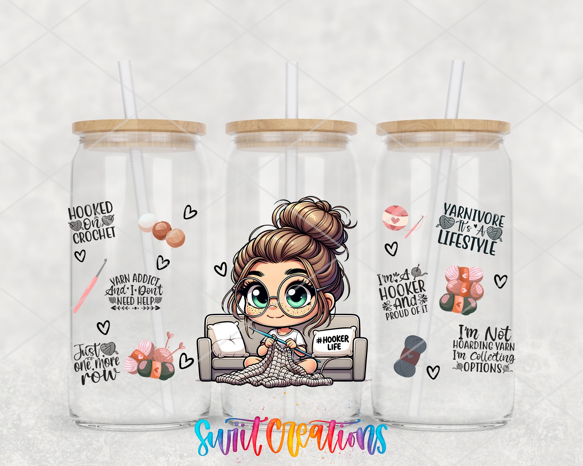 A collage of three glass tumblers with illustrations of a woman knitting and various text elements related to knitting and crochet.