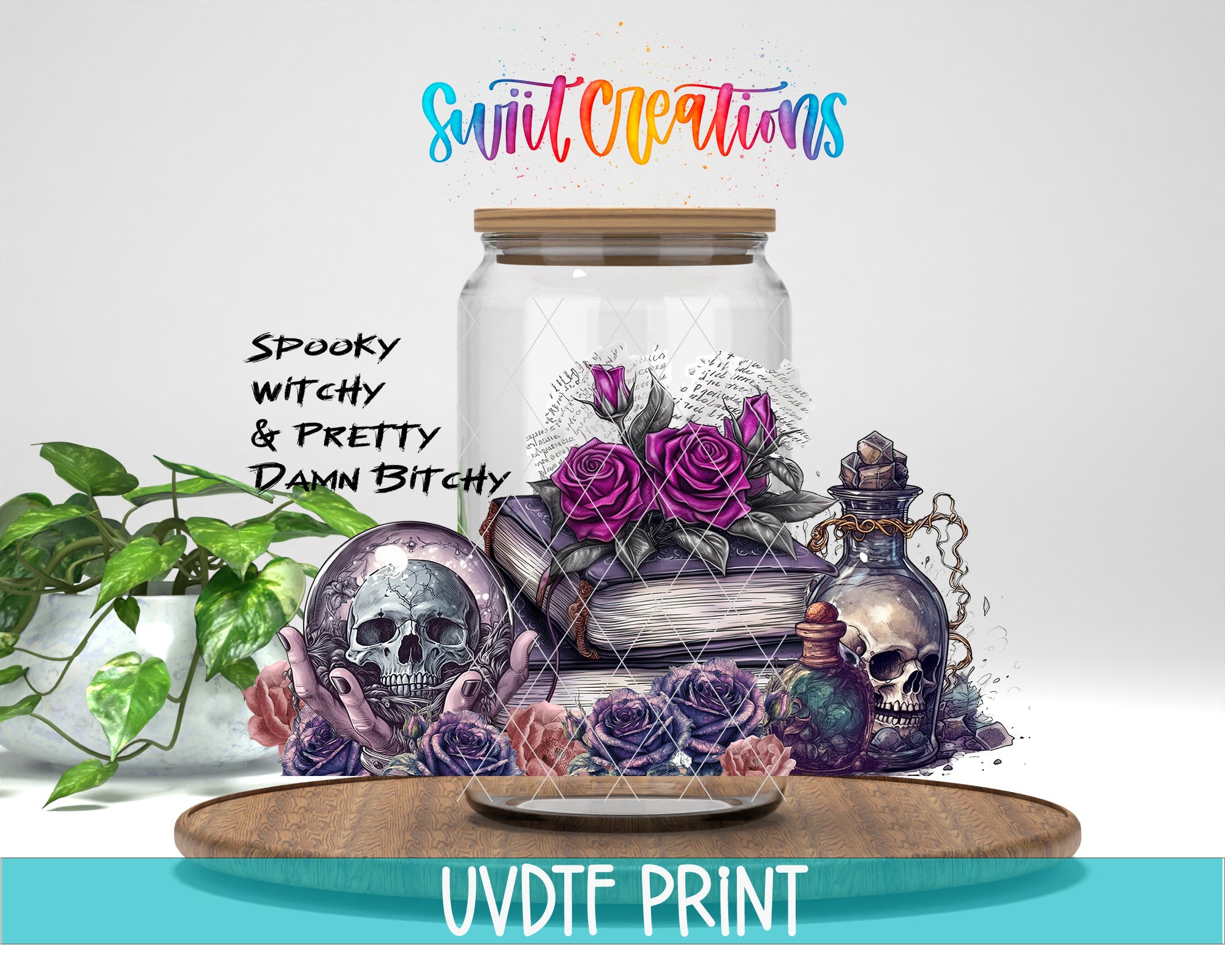 The image is a collage featuring a glass jar with various items, including a skull, roses, and a book, surrounded by a plant and a wooden tray.