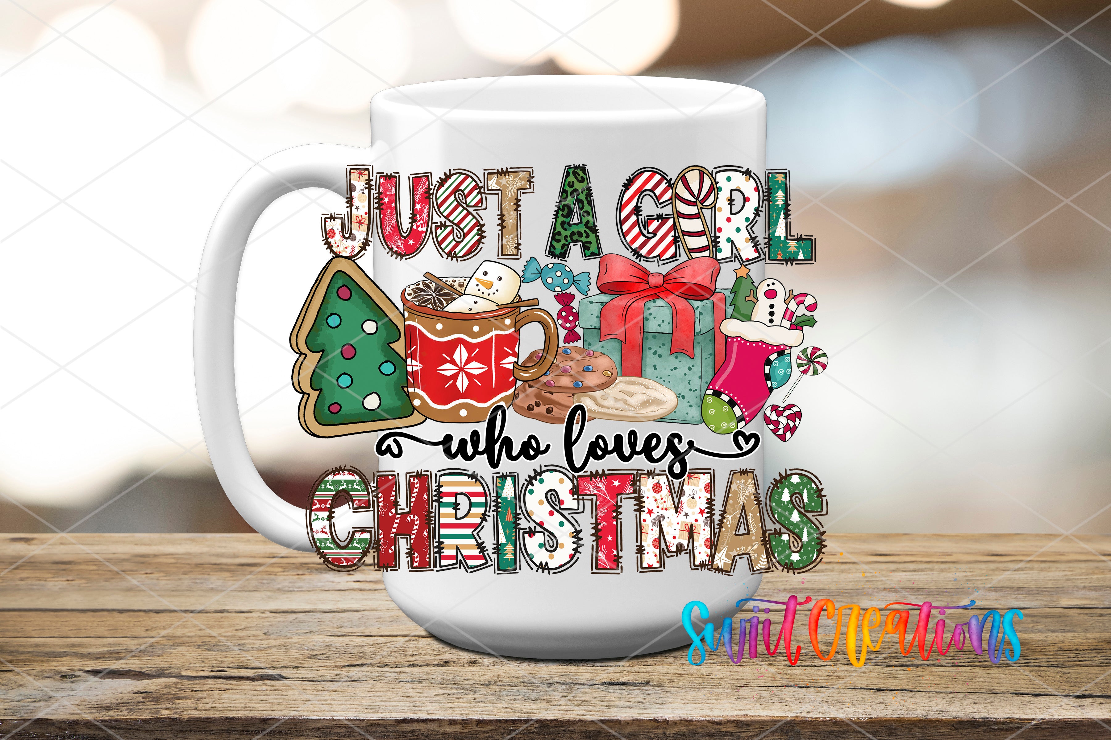 A white mug with a colorful, festive design featuring Christmas-themed items such as a Christmas tree, cookies, and a gift.