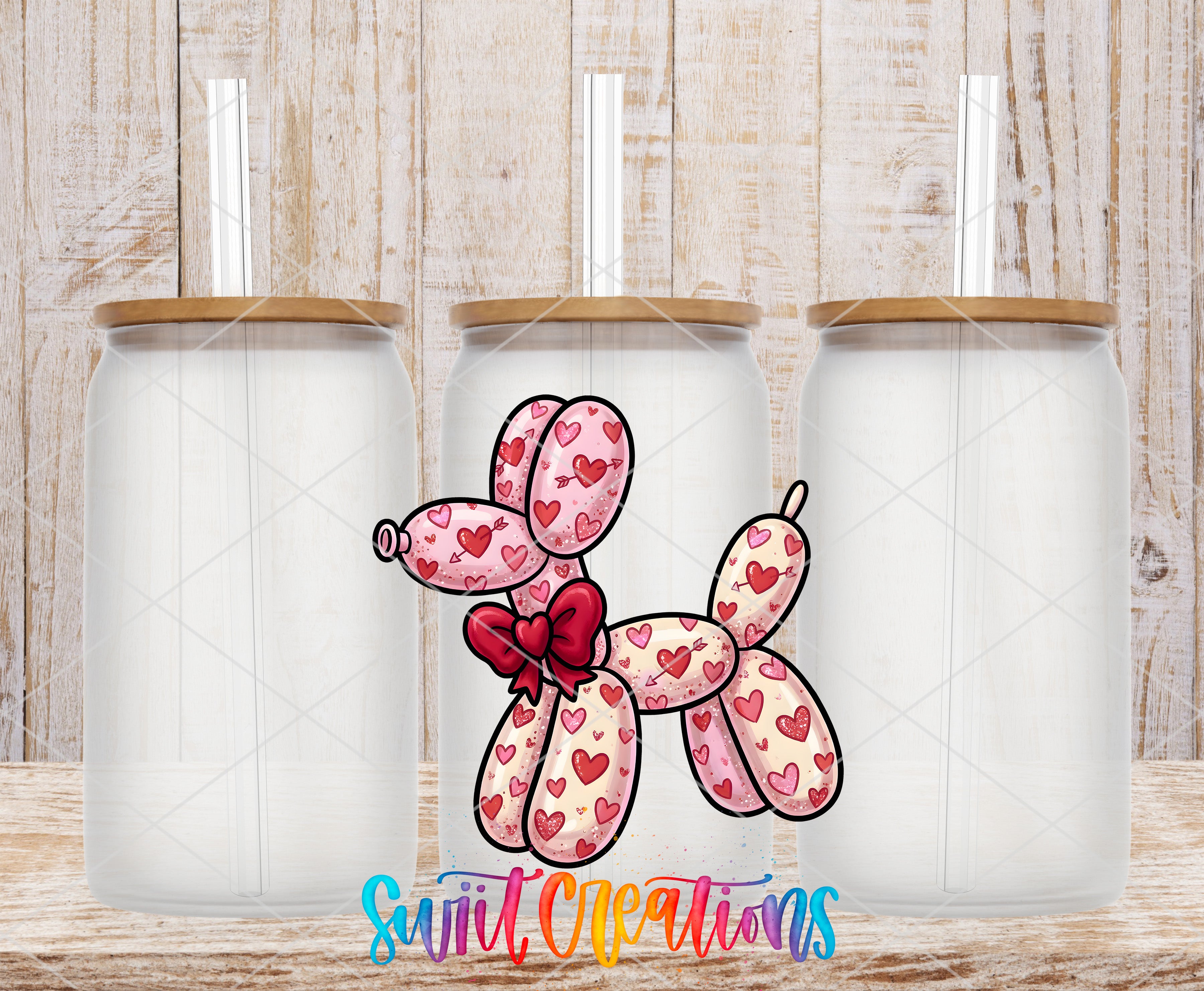 A pink balloon dog with heart patterns on its body and a bow tie, sitting in front of three glass jars with lids.