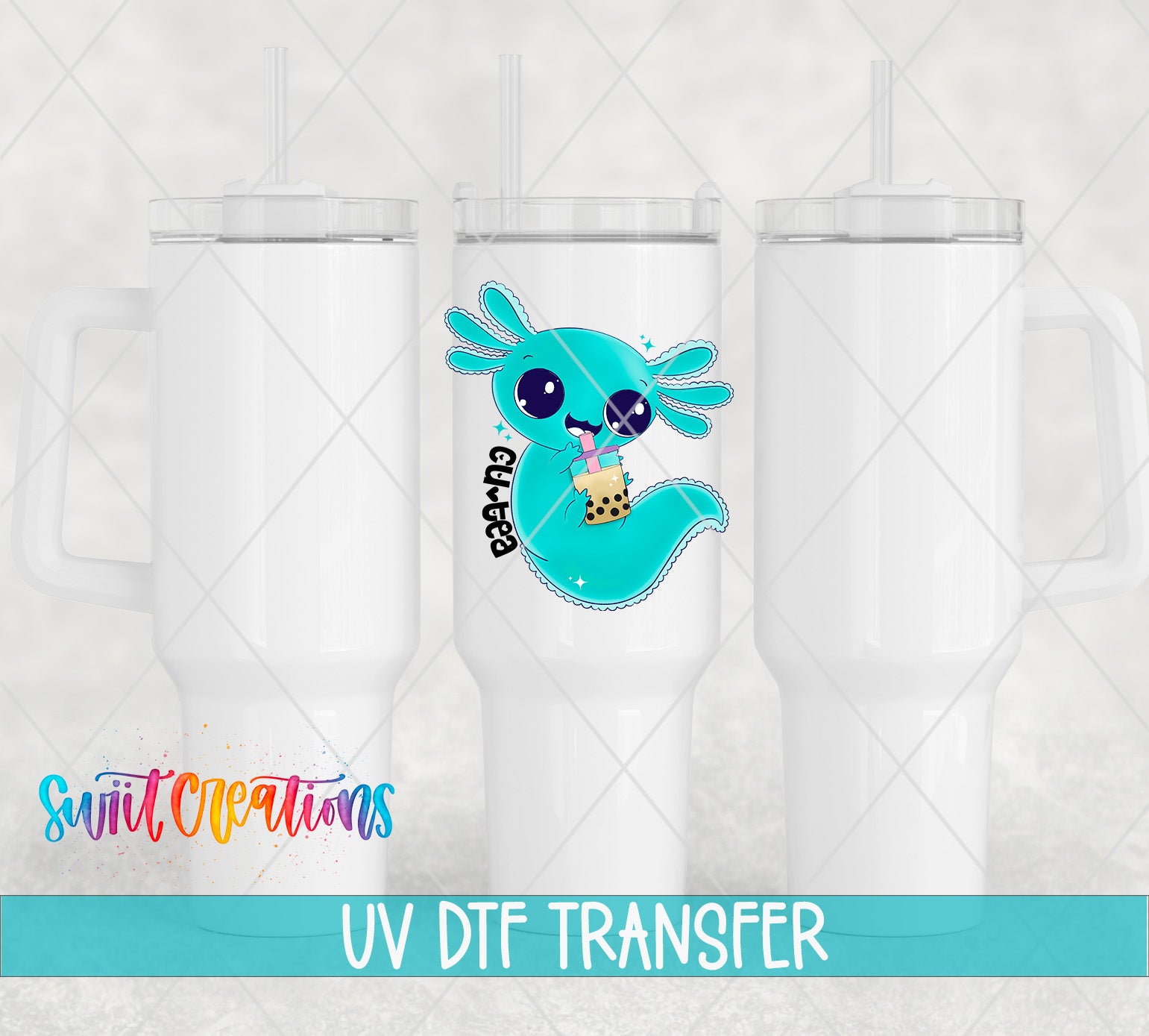 three white tumblers with a custom printed design of a blue cartoon alligator holding a straw and a drink.
