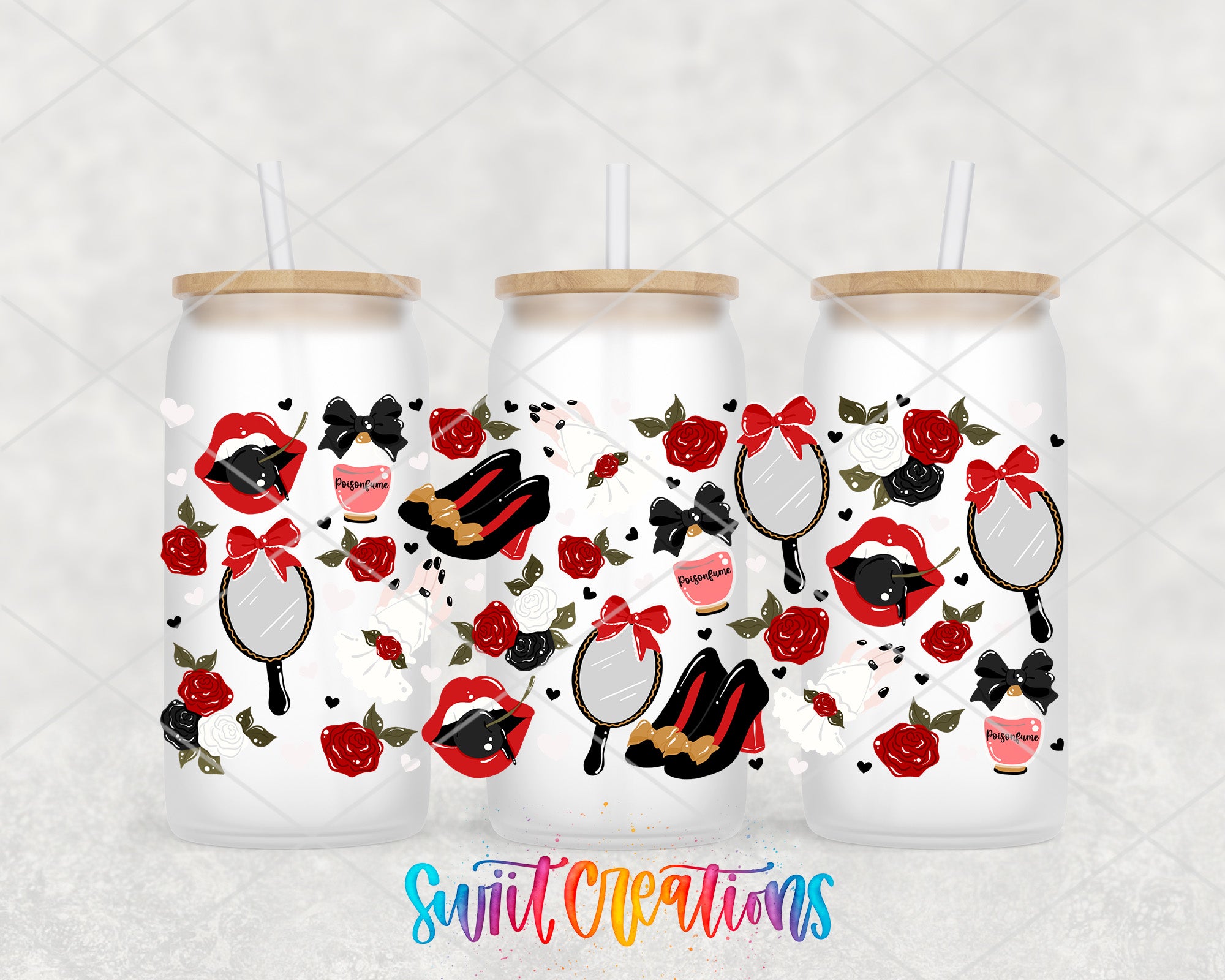 three white tumblers with black and red floral designs and various accessories such as shoes, mirrors, and roses.