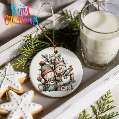 a festive scene with a snowman ornament, cookies, and a glass of milk on a white tray.