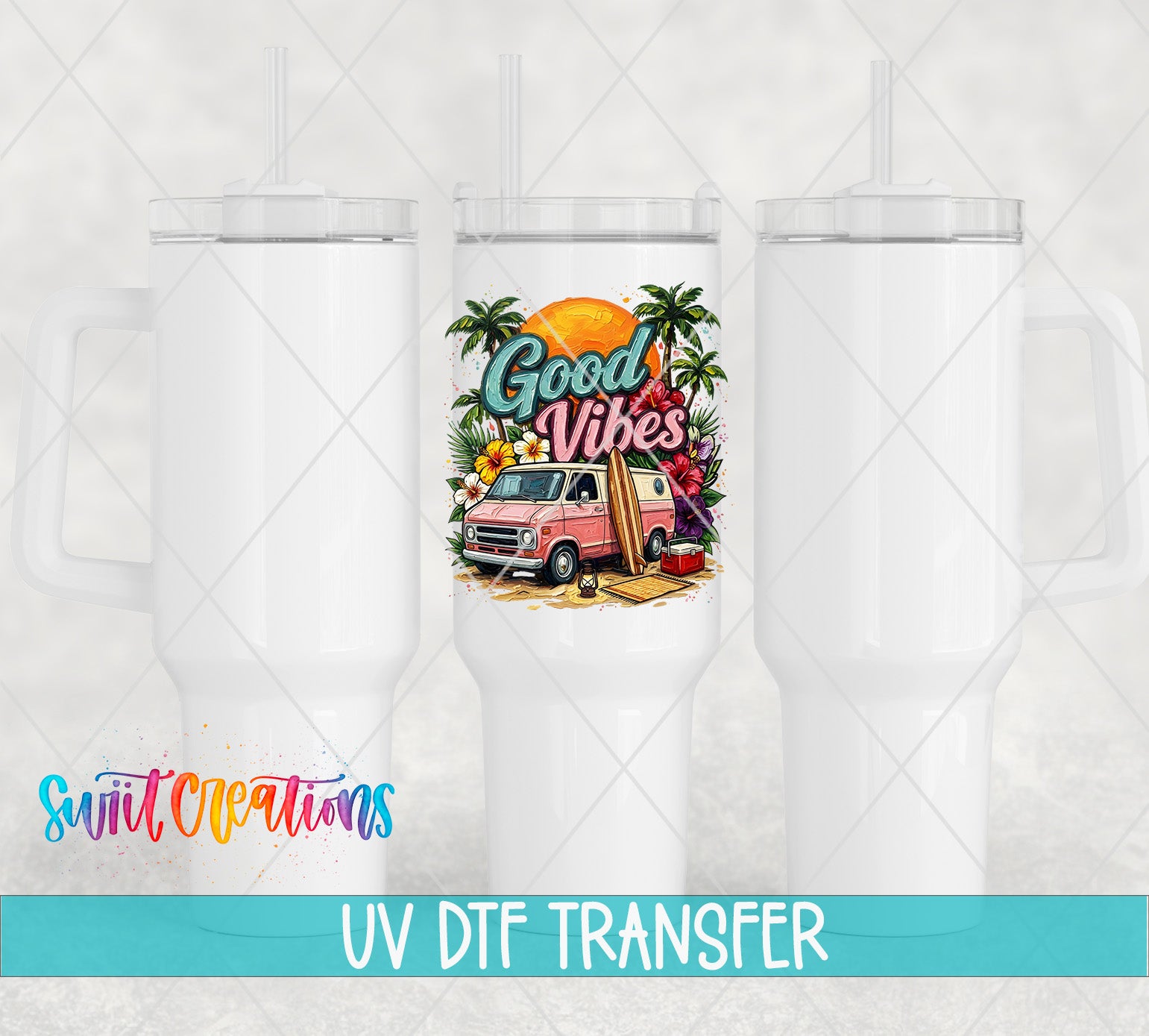 three white tumblers with a vibrant design on the center, depicting a pink van surrounded by tropical elements such as palm trees, a sun, and a surfboard.