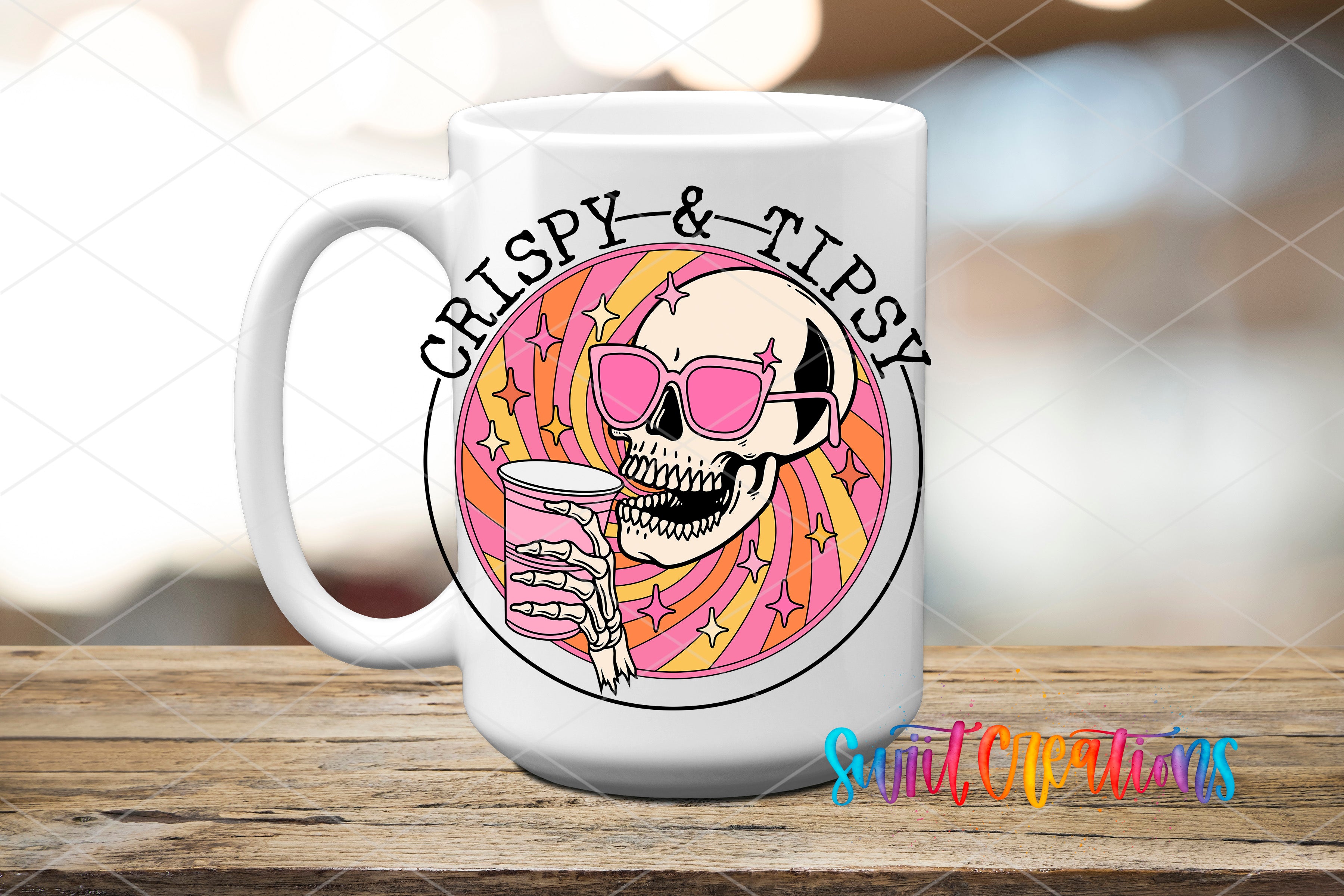 A white mug with a colorful design featuring a skull wearing sunglasses and holding a drink, surrounded by a swirling pattern.