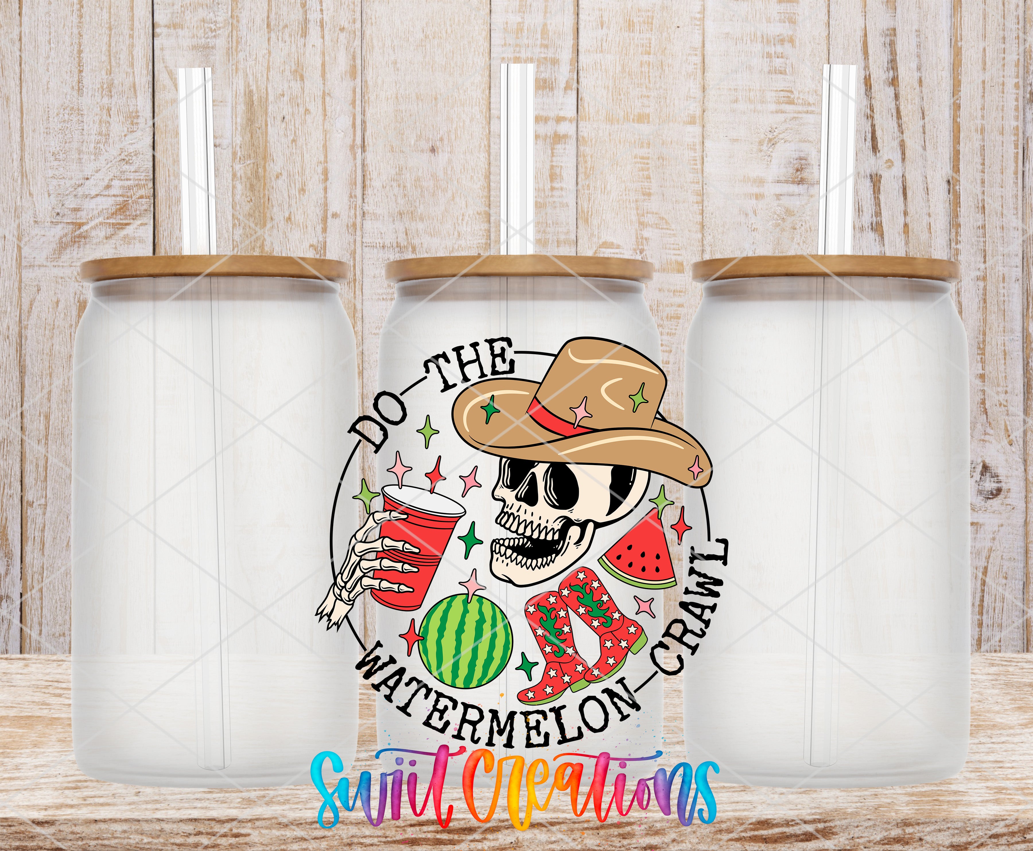 a white glass jar with a lid and straw, surrounded by a colorful design that includes a skull wearing a cowboy hat and holding a red cup, along with watermelon slices and a watermelon slice.