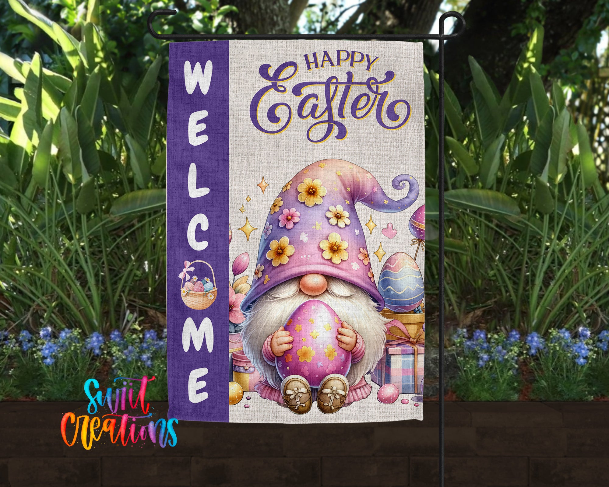 A colorful Easter-themed garden sign featuring a gnome holding a decorated Easter egg, surrounded by flowers and greenery.