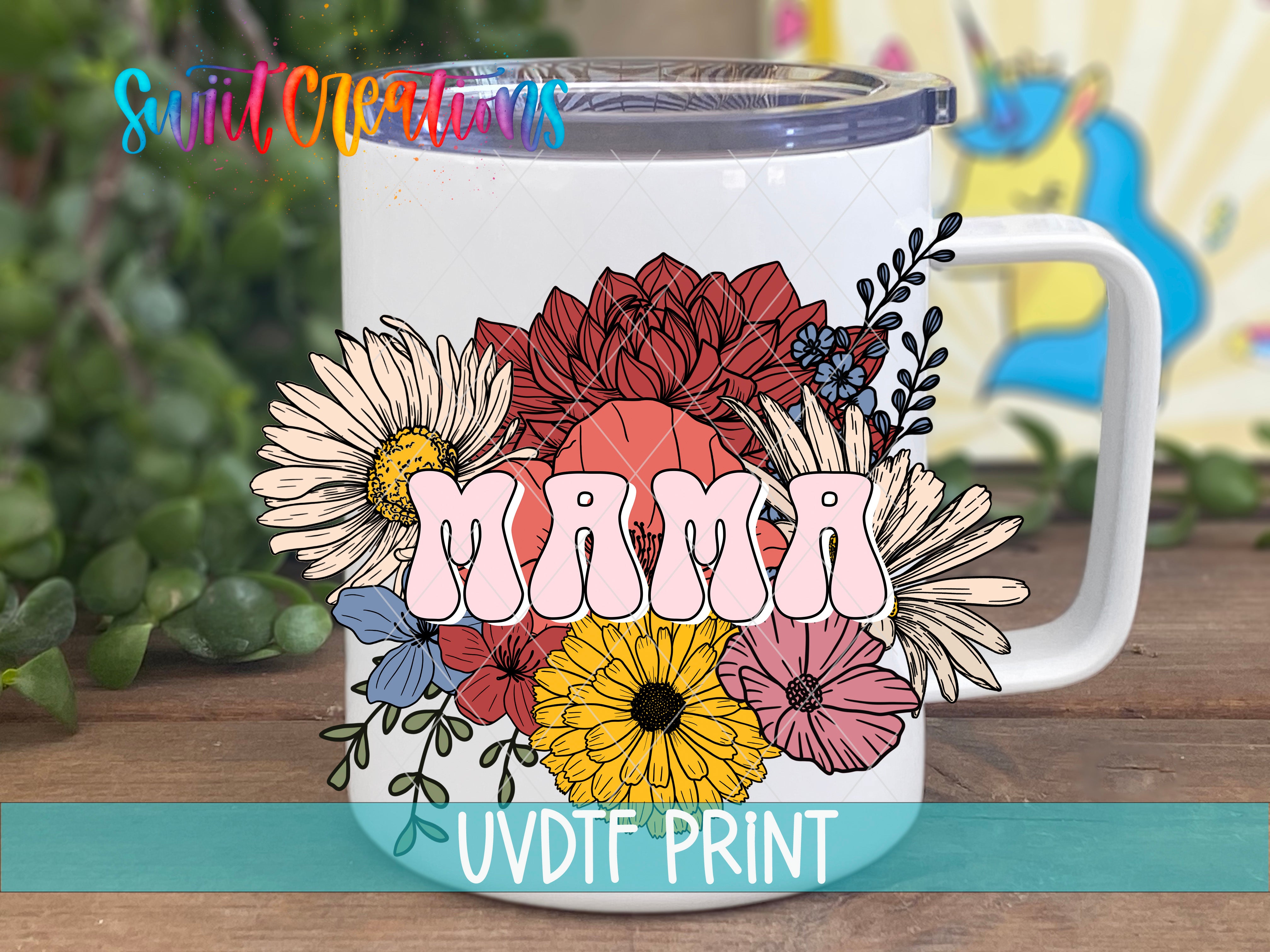 A white mug with a colorful floral design featuring the word "Mama" surrounded by various flowers and leaves.