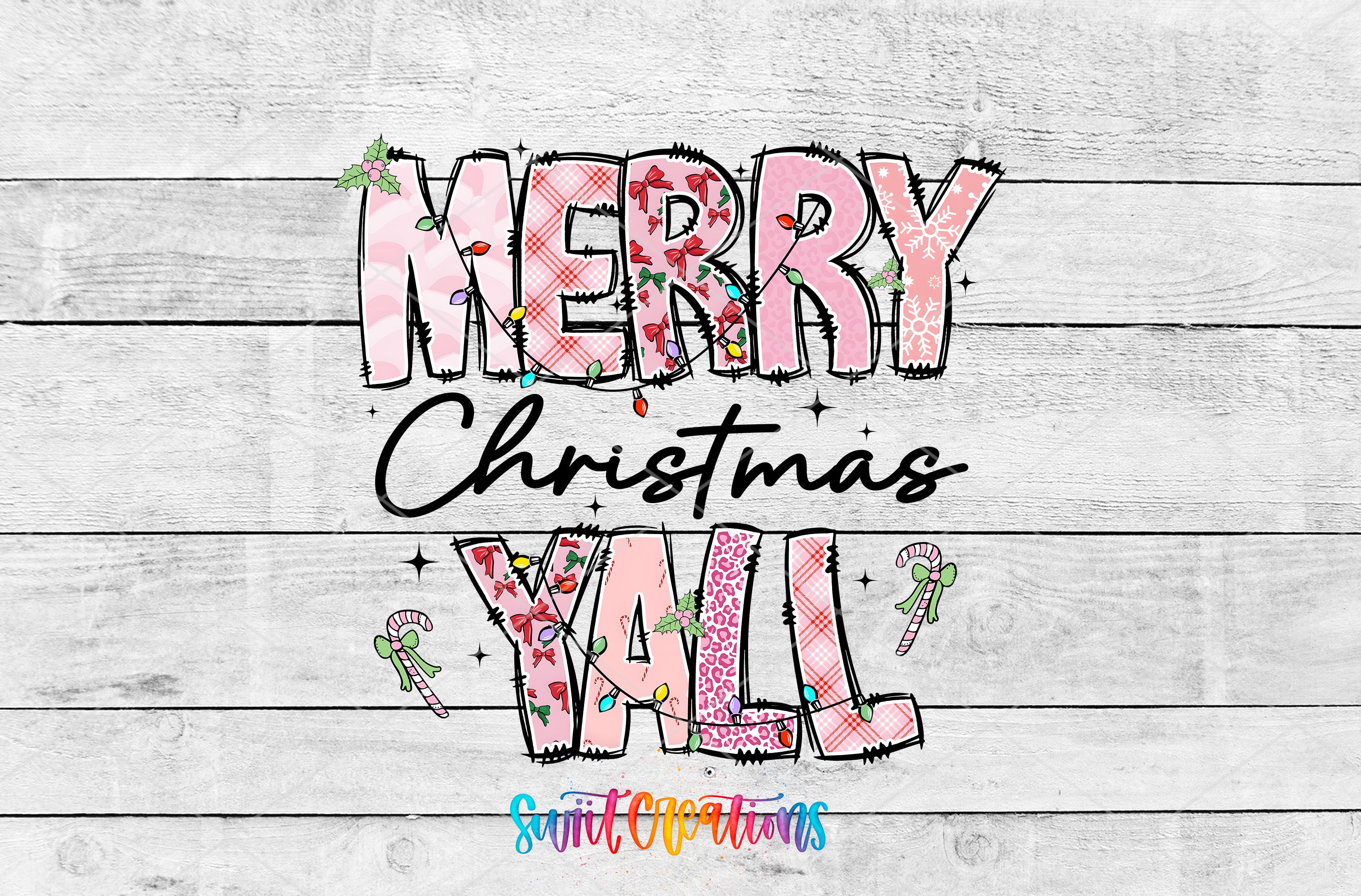 a festive and colorful text that reads "MERRY CHRISTMAS YALL" with decorative elements such as candy canes and bows.