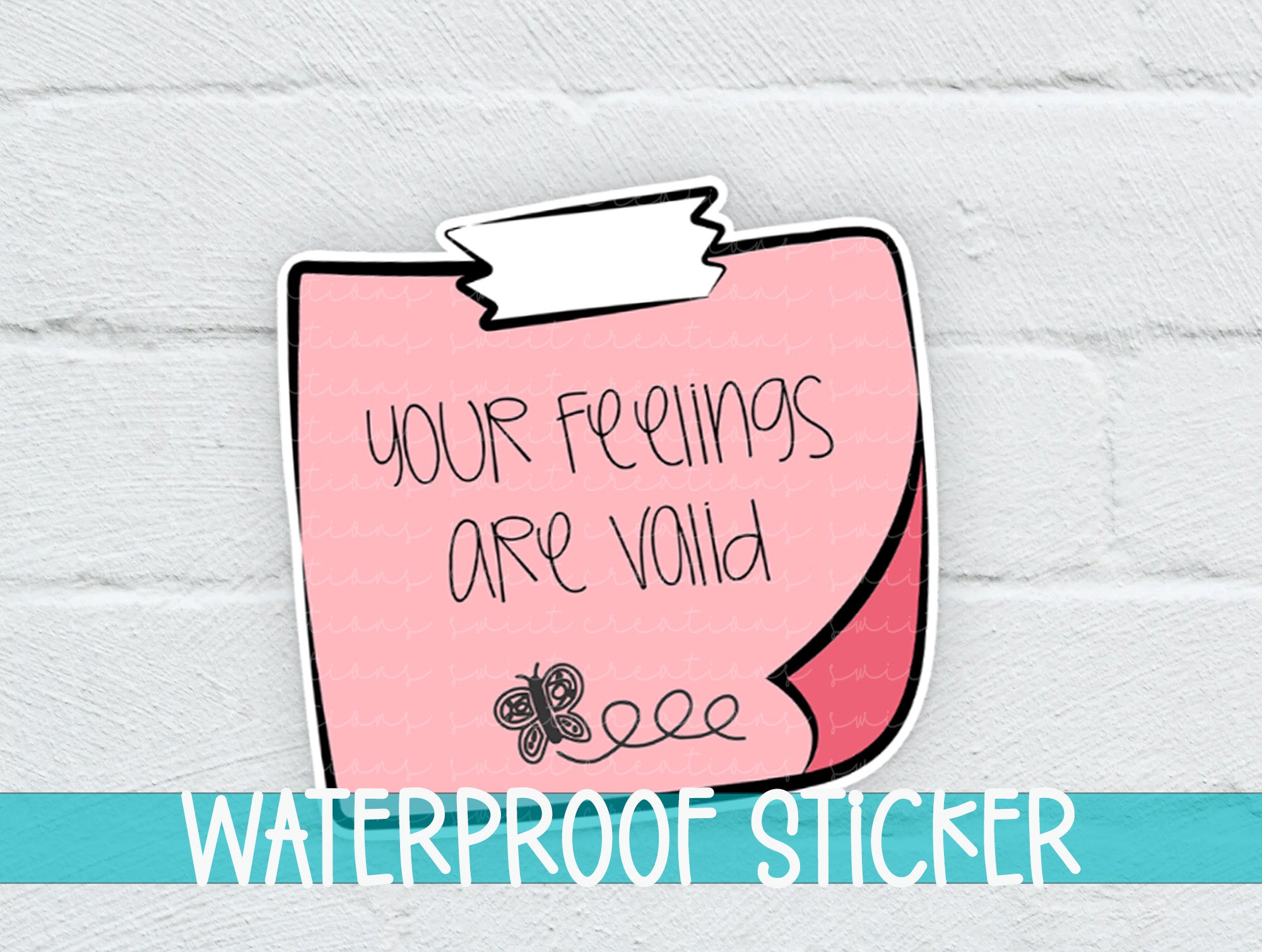 a waterproof sticker on a white brick wall