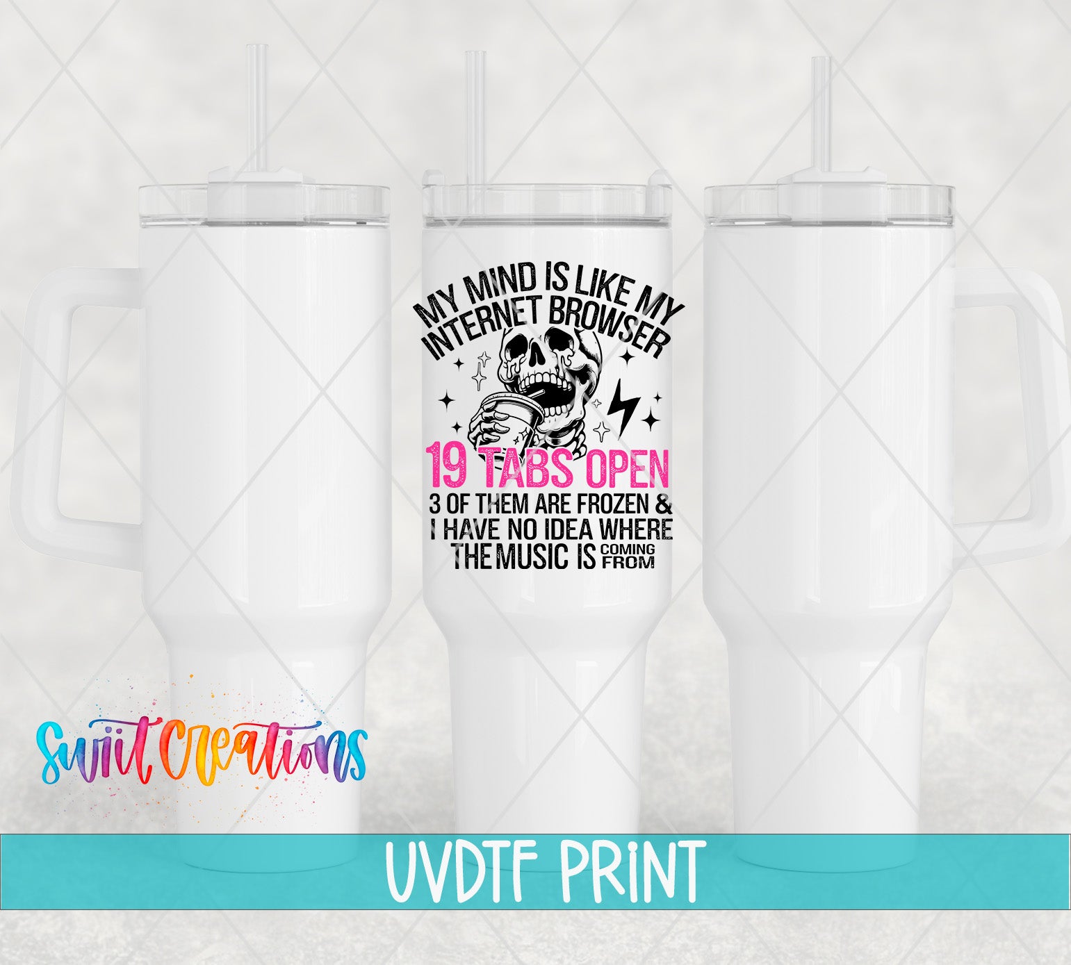 a white tumbler with a printed design on it, including text and a skull graphic.