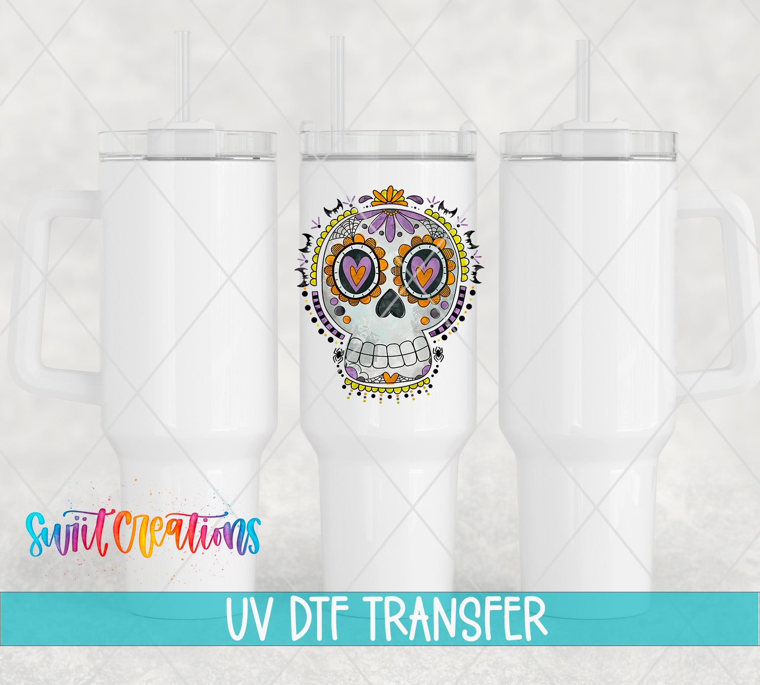 three white tumblers with a colorful skull design on the front, and the text "UV Dtf Transfer" is displayed below the image.