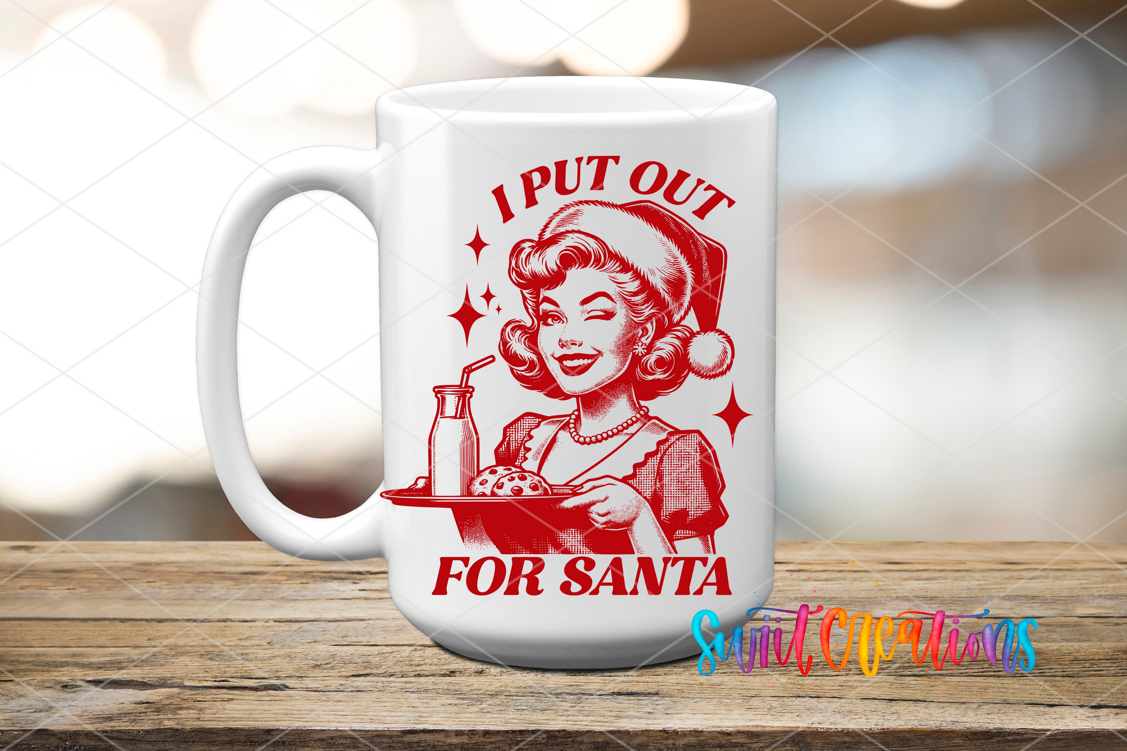 A white mug with a red illustration of a woman in a Santa hat and holding a tray with a cookie and a drink, along with the text "I PUT OUT FOR SANTA".