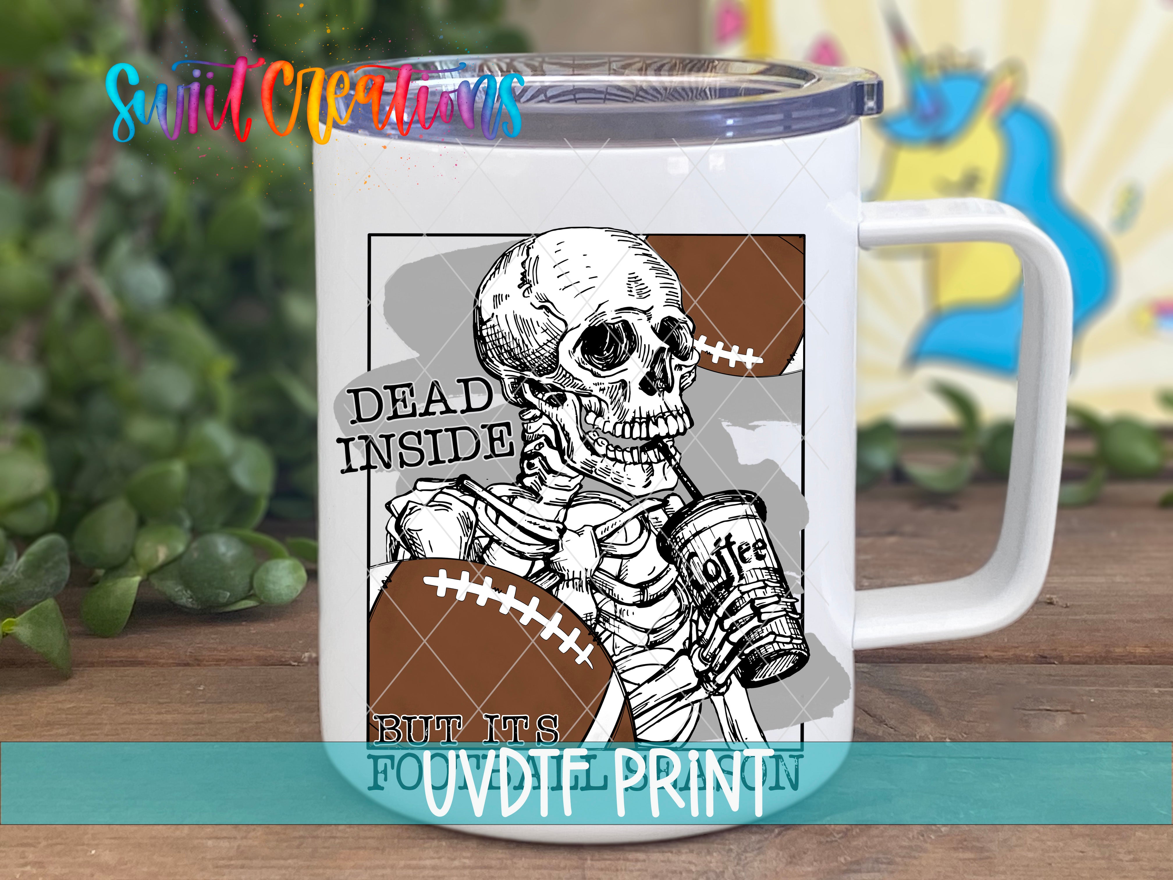 A white mug with a printed design featuring a skeleton holding a football and the text "Dead inside" and "But it's food" printed on it.