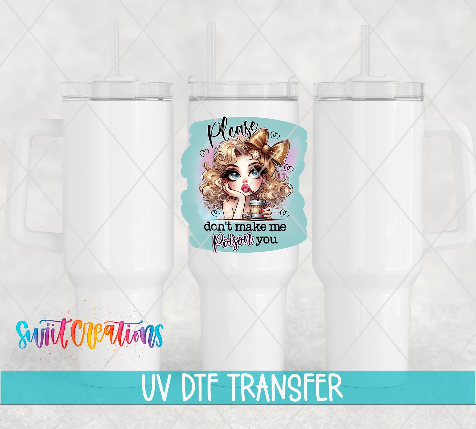 three white tumblers with a colorful graphic design on them.