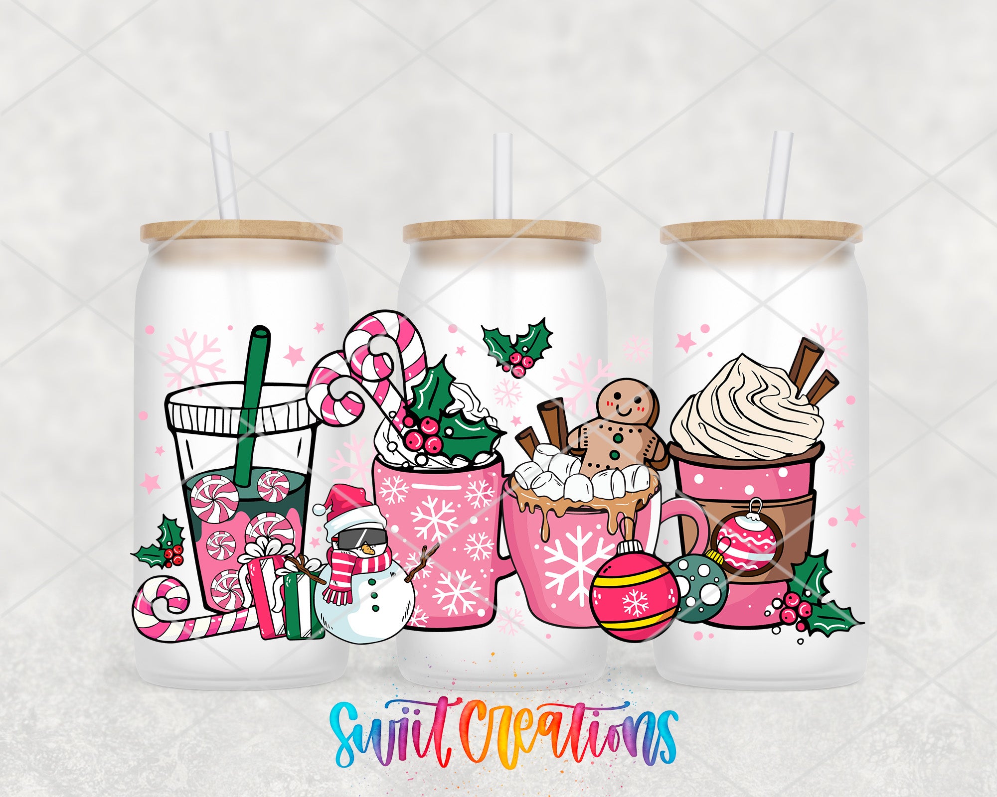 A collection of three colorful beverage cups with festive decorations, including candy canes, snowmen, and ornaments, arranged in a row.